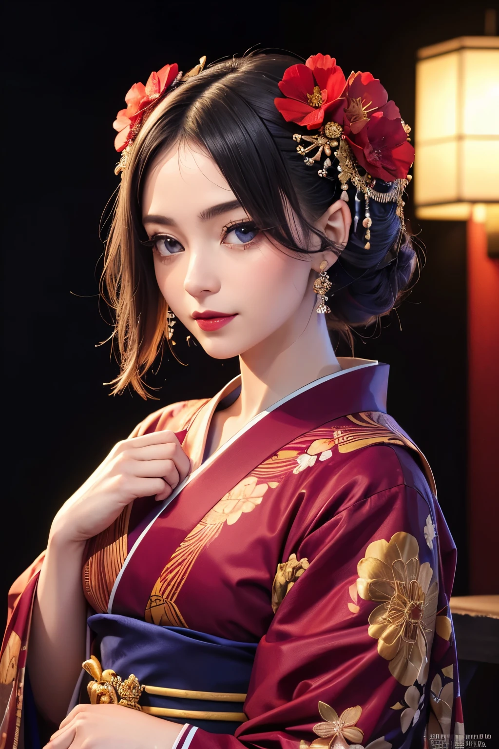 a beautiful young japanese woman, tamayo, demons slayer, traditional japanese hairstyle, pale skin, big purple clear eyes, red lips, deep indigo blue kimono with flowers, big black nails, detailed portrait, intricate details, highly detailed, masterpiece, (best quality,4k,8k,highres,masterpiece:1.2),ultra-detailed,(realistic,photorealistic,photo-realistic:1.37),vivid colors,studio lighting,extremely detailed face and eyes,gorgeous kimono,elegant pose,serene expression, sandálias meias brancas, kioto tradicional night streets summer, hair ornament, roupas japonesas, Kanzashi, quimono, batom, cabelo longo, mangas longas, pele pálida, lábios vermelhos, faixa,  flor branca, metade do corpo