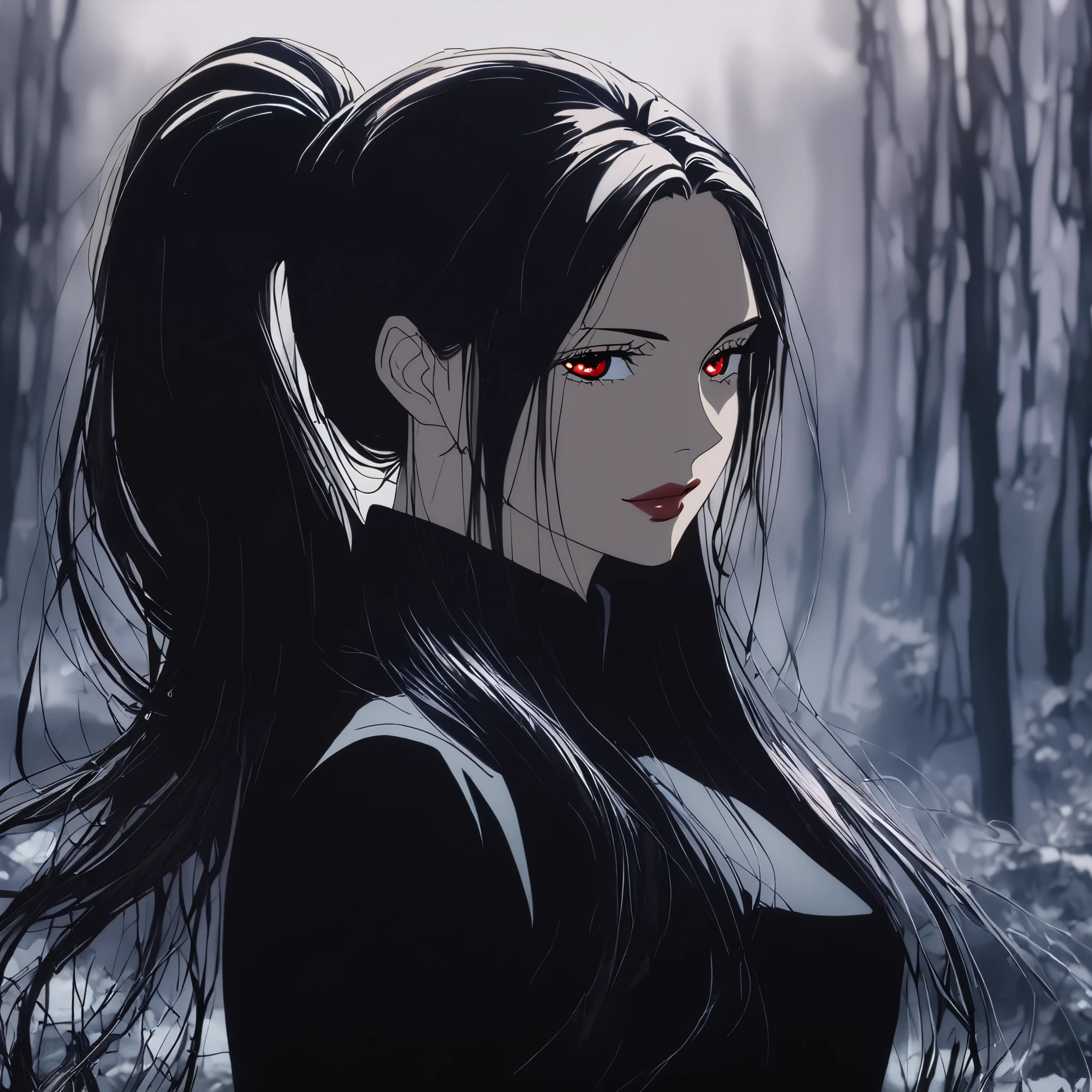 1 girl, Jujutsu Kaisen anime screenshot, Alone, Very long_hair, ((smooth texture hair)) purple eyes, ((long hair, black hair, hair ponytail , red_eye)), Chests, upper _body, smile, Forest Background, red_eyes, lips, ((long black hair, elegant hairstyle, hair ponytail ,red_eye)) Wearing black clothing, Chest, "very detailed and there is nothing" (red eyes) ((Cross Arm)) ((smooth texture hair)) ((Alone)) (( there is nothing)) (Good quality)