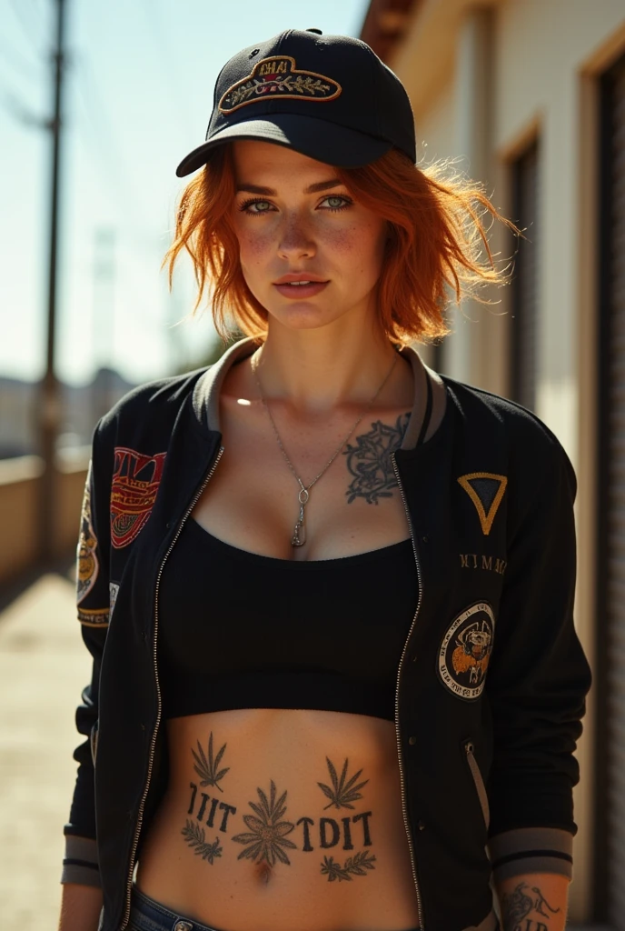 A highly realistic 8k, HDR photograph captured with a 35mm lens, featuring A stylish young vintage redhead woman with a sporty and edgy look. Freckles on her face.  She has a black bomber jacket with retro patches and designs. Her toned body is adorned with tattoos on her stomach and waist, adding to her bold appearance. She wears an old stitched baseball cap, her short wavy hair blowing slightly in the wind. The background is minimal, creating a vintage and retro  look. Her expression is confident, and the lighting highlights her facial features and fit physique, The atmosphere is vintage and epic, with a sense of tension. The scene includes soft bokeh effects and sunny lighting, emphasizing reality and clarity, with a slightly blurred background for a powerful, cinematic quality.