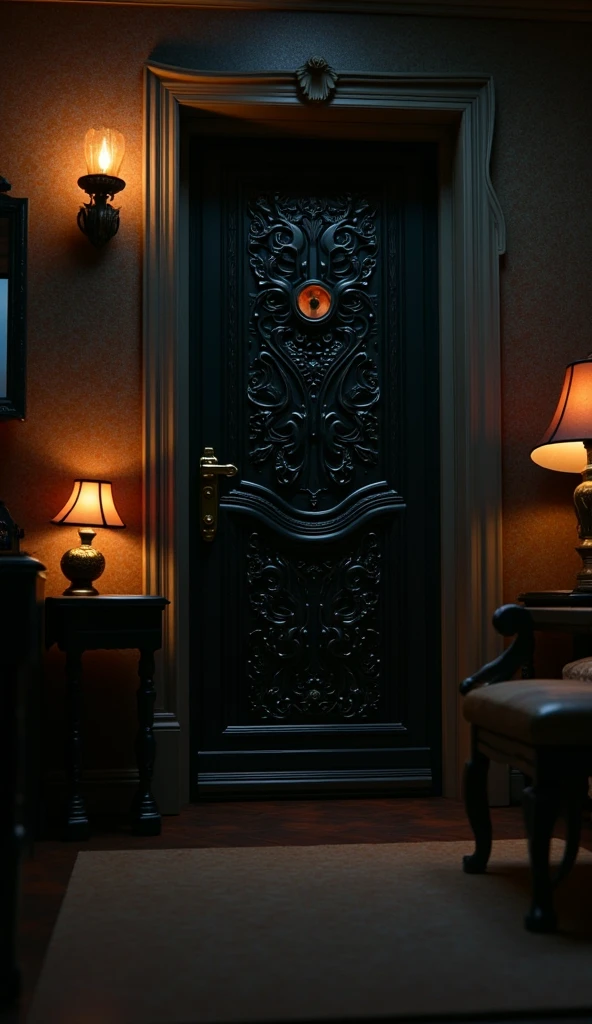 Create a scene featuring featuring a mysterious door of a room. the focus must be on the door. the door is black in color and has a little antique designs encraved on it. the door looks mysterious and creepy. Environment: The room around her is dimly lit, giving off a cozy yet mystical vibe. A candle with a glowing flame is nearby, casting a soft, warm light that creates subtle highlights on the door. Ornate lamps and antique furnishings decorate the background, adding to the vintage, supernatural ambiance of the setting. Lighting and camera angle: The lighting is warm and ambient, focusing on the door, with soft, glowing highlights from the candle and surrounding lamps. The camera is positioned at a low angle, centered on the door, capturing the door as if it is going to be opened .The mood is creepy, chilling, with a touch of mystery due to the soft, shadowed background. 3d rendered , CGI