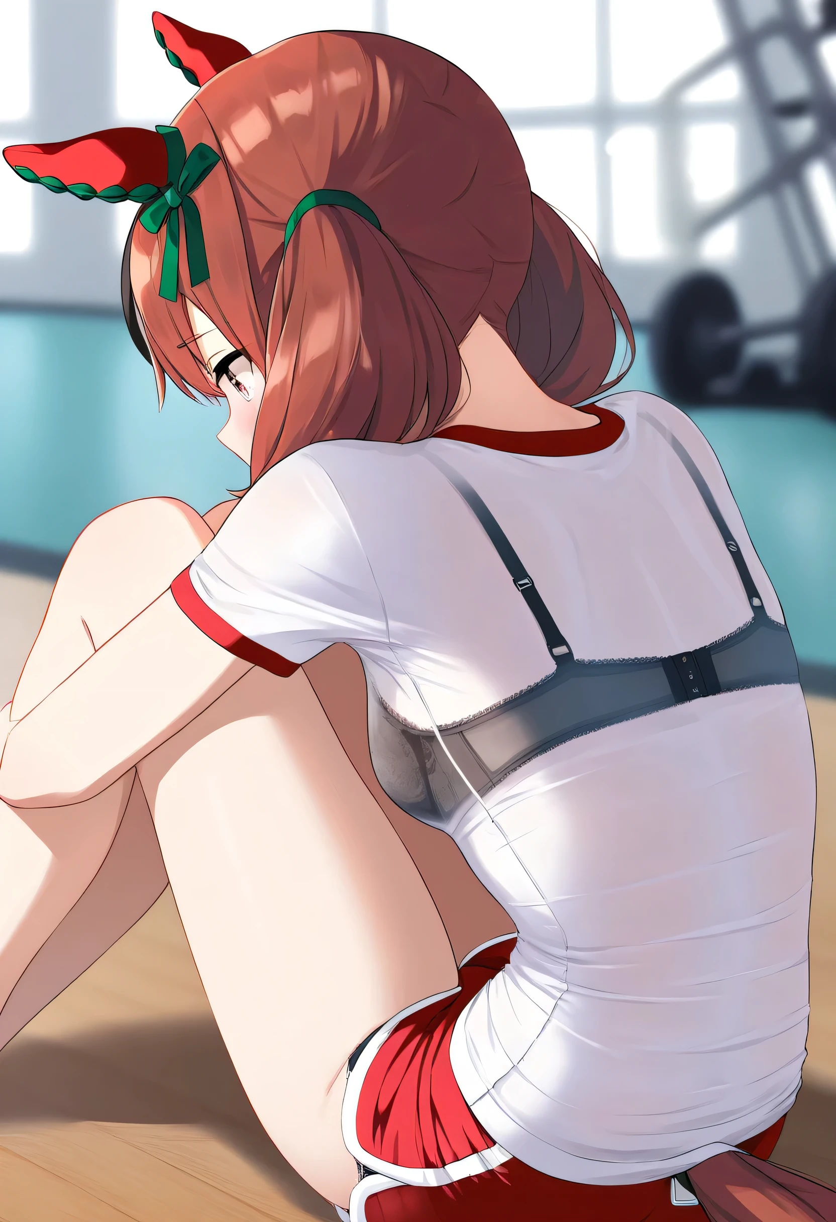 nsfw, ((1 girl)), cowboy shot, gym, umamusume, nice nature, sitting, on floor, hugging own legs, (from behind), (back), back shot, red shorts, (t-shirt), white t-shirt, black bra, (bra visible through clothes), black panty, panty peek, body without discomfort, chest, small curvaceous, small breasts, ((masterpiece)), (best quality), (absurdres), (ultra detailed), (very aesthetic)