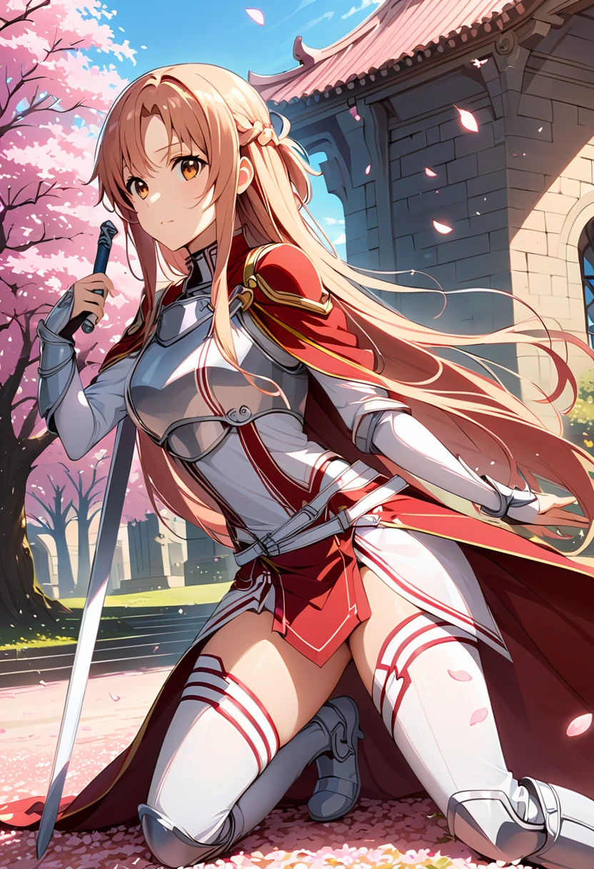 Alone,  1 girl,  Asuna Yuki,  review, Long Hair, Hazel Eyes ,  Had, bangs, keep, arms, Focus on women, sword, Cape, armor, Lambent Light, Handguard, sheath,  armor, full armor, Integrated Knight， Cherry blossoms are blooming all over the ground，Background of falling cherry blossom petals 　(((masterpiece)))， (( best quality))， (( Intricate Details ))　(8k)