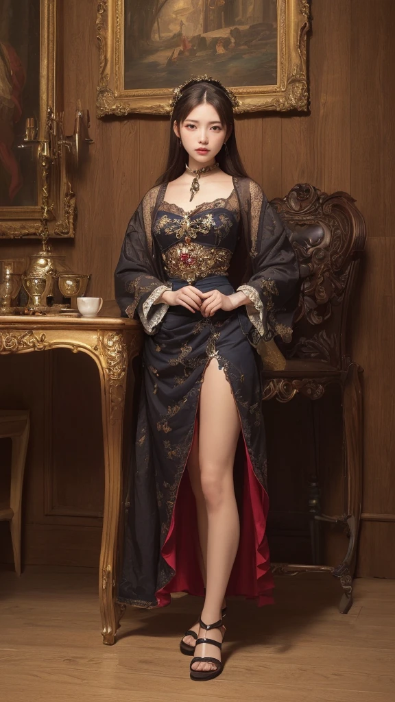 ((highest quality)),(ultra high resolution),(Super detailed),(detailed description),((best CG)),(best work of art),super precision art,great drawing art,(Art with precise details:1.5), (1 woman:1.5),colorful corset dress:1.6,beautiful and well-shaped face:1.5,natural makeup:1.5,detailed jewelry:1.4,thin waist:1.3,Beautiful leg lines:1.4,high heels:1.4,