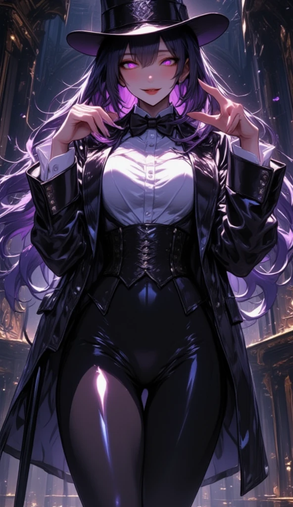  1 mature beautiful woman ,( best quality, very detailed depiction, incredibly absurd high definition,Curvaceous Body),(A bewitching woman is dressed as a magician:1.3),( magician costume , tuxedo, white shirt,Bow tie,Top Hat:1.3, leotard,latex, black tights, boots),(Glowing purple eyes, half-closed eyes:1.3,Crazy Eyes, bewitching smile,Glossy lips,Flashy makeup, eyeshadow, big chest,Beautiful legs, shiny skin,Seductive gestures,Walking stick), full body image:2.0,Inside a dark museum