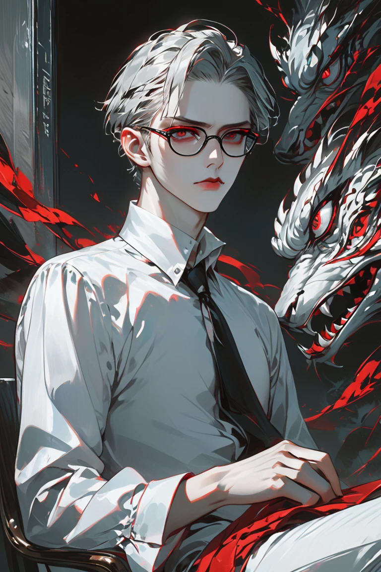 masterpiece, high_quality, distinct_image, 1boy, white skin, red lips, grey eyes, rectangular eyewear, white shirt, grey hair, short hair, sitting, expressionless, best quality, professor, sharp eyes, university,