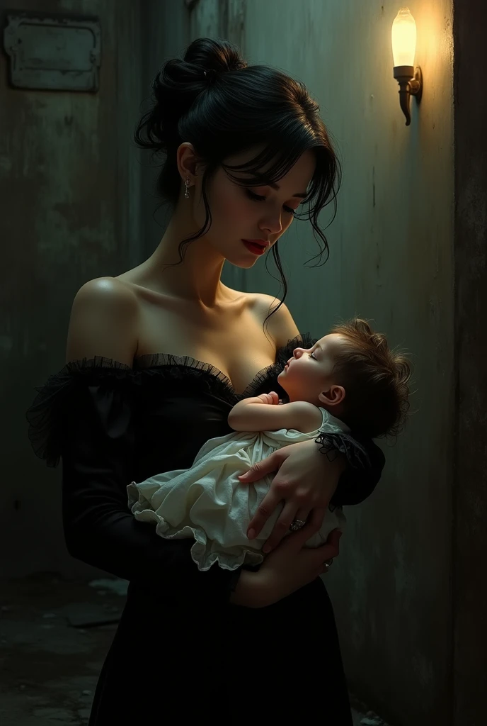 A thin and very sensual woman, black Chanel hair, pearl necklaces around the neck and a feather accessory on the head, she is wearing a black sheer lace dress. The woman is in a room with 5 cribs and in each crib a baby of different ethnicities. She is taking one of the babies out of the crib.