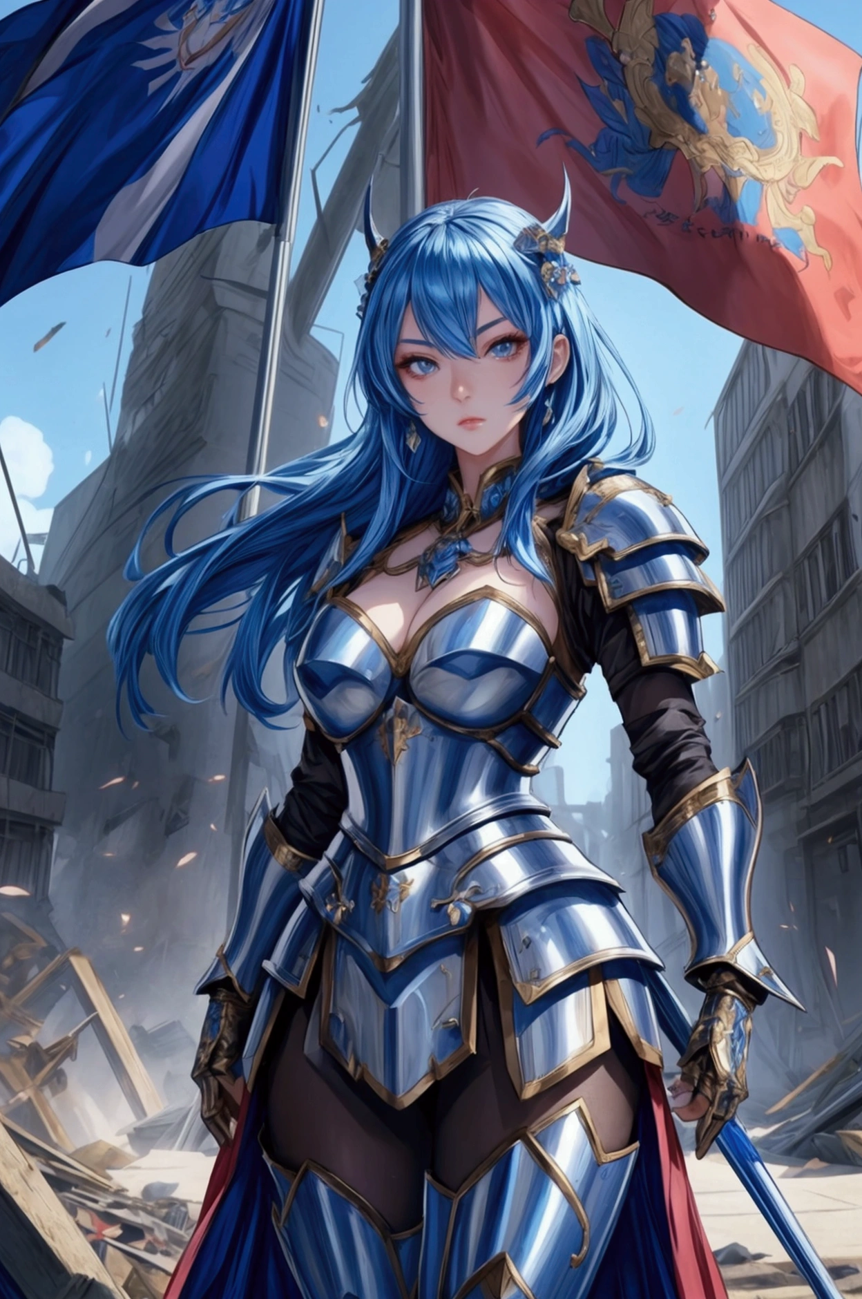 beautifull gorgeous anime woman, in conqueror japanesse armour, conquering a city, blue armour, league of legends character, simple armour, medieval japan time, sensual armour, gorgeous face, shiny skin, (character is standing in a destroyed city, conquering pose) holding a victorius flag