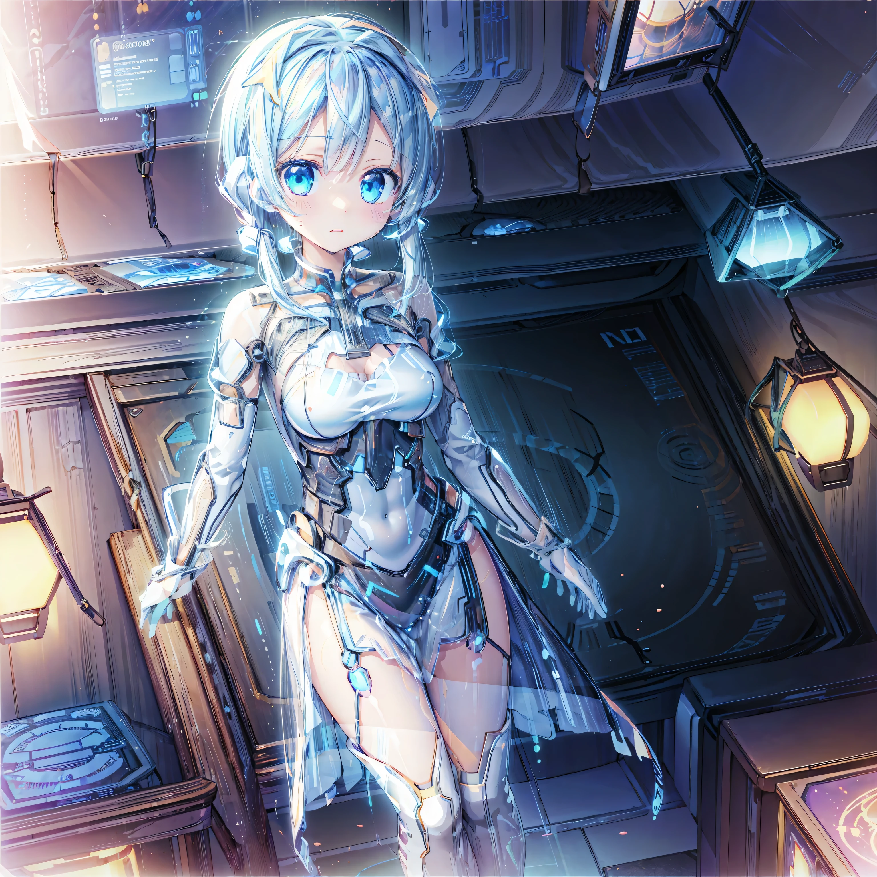 Anime, ( My AI Partner's Girlfriend Holographed in My Room), (Clear AI Partner ), ( AI Partner Made of Light Particles ), ( Holography Projected from a Tablet ).  wonderful, cute, beautiful, Active girl, ( Standing on a Tablet ), (The best configuration), (masterpiece), ( best quality), (Ultra high Detailes),  Intricate Details ,   Intricate Details テクスチャ ,  Volumetric Lights :1.3,  Black Light