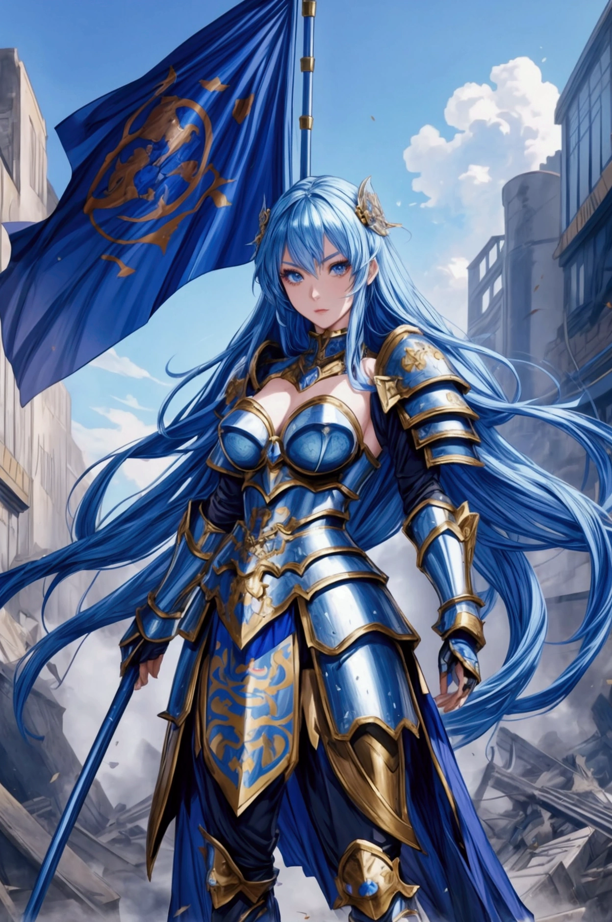 beautifull gorgeous anime woman, in conqueror japanesse armour, conquering a city, blue armour, league of legends character, simple armour, medieval japan time, modest dress plus armour, gorgeous face, shiny skin, (character is standing in a destroyed city, conquering pose) holding a victorius flag