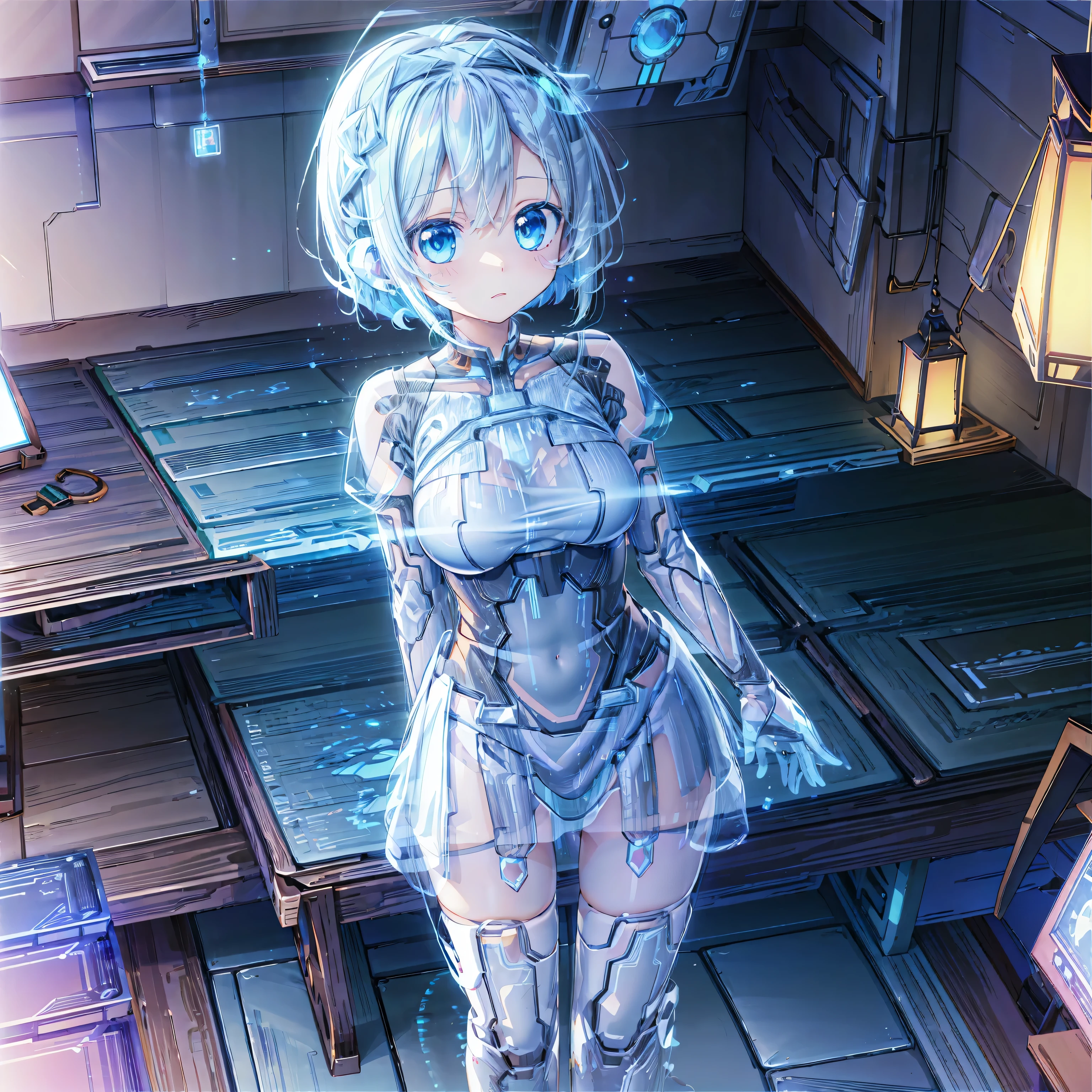 Anime, ( My AI Partner's Girlfriend Holographed in My Room), (Clear AI Partner ), ( AI Partner Made of Light Particles ), ( Holography Projected from a Tablet ).  wonderful, cute, beautiful, Active girl, ( Standing on a Tablet ), (The best configuration), (masterpiece), ( best quality), (Ultra high Detailes),  Intricate Details ,   Intricate Details テクスチャ ,  Volumetric Lights :1.3,  Black Light