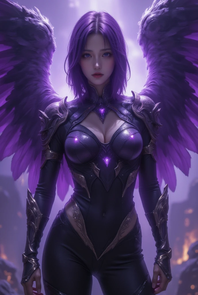 high quality full length portrait,  RAW photo of  european  20yo woman with iridescent angel wings, a warrior, small breasts,  short dark purple hair, natural pale skin texture, jeweled diadem, silver necklace, night, lightning, volcano and mountain background, short depth of field, intricate, elegant, detailed textures, sharp focus, coiled arm band, bracelets, neck chain ultra high pixel detail, cinematic, intricate, cinematic light, concept art, art station, realistic, movie scene, cinematic, high quality, craig mullins and wayne barlowe style, full colors, incredibly detailed, 4k, 8k, erotic, gothic,