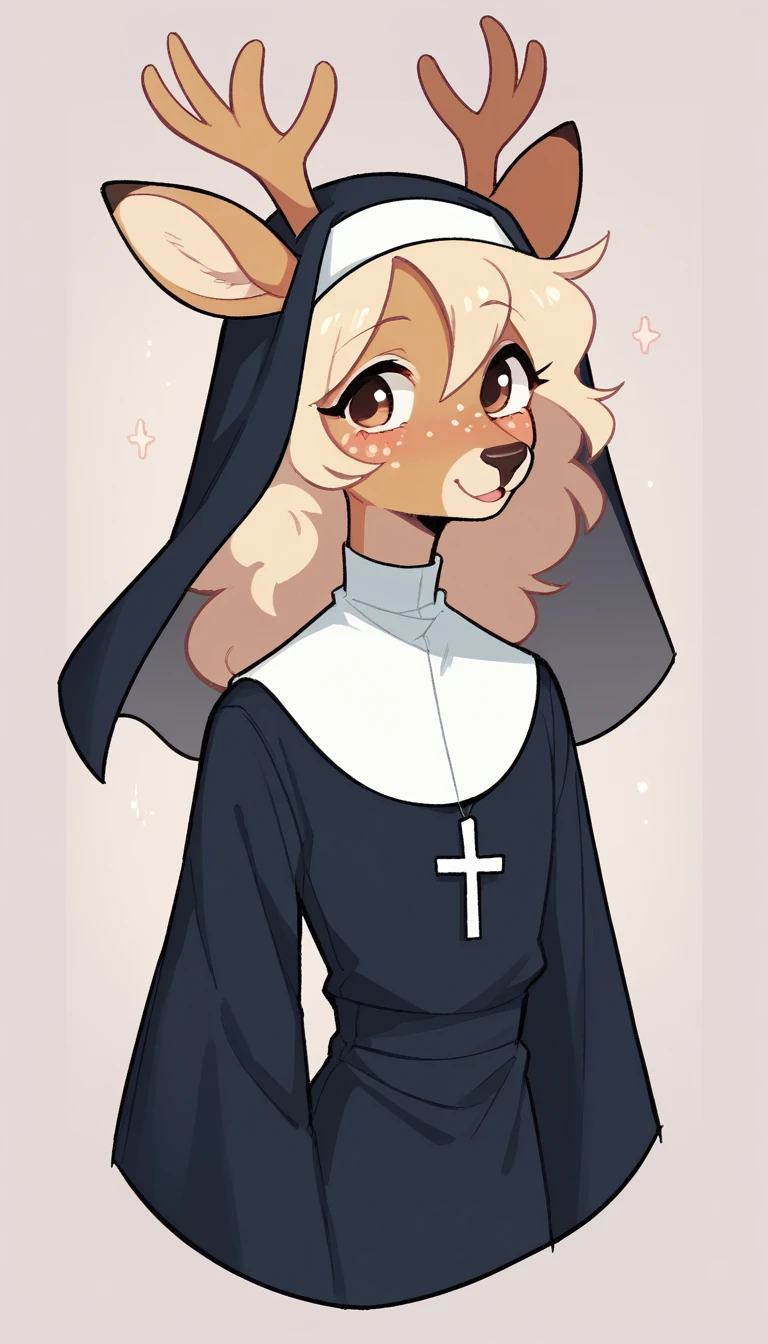     best quality    ,    very detailed illustration,( Anthropomorphic fluffy boy deer :1,7) ,    tousled fluffy hair  ,    alluring playful look   , Slim,    perfect body  , Simple drawing, Artifyber style, pastel flat colors, Cute,    cartoon   , nun clothes 