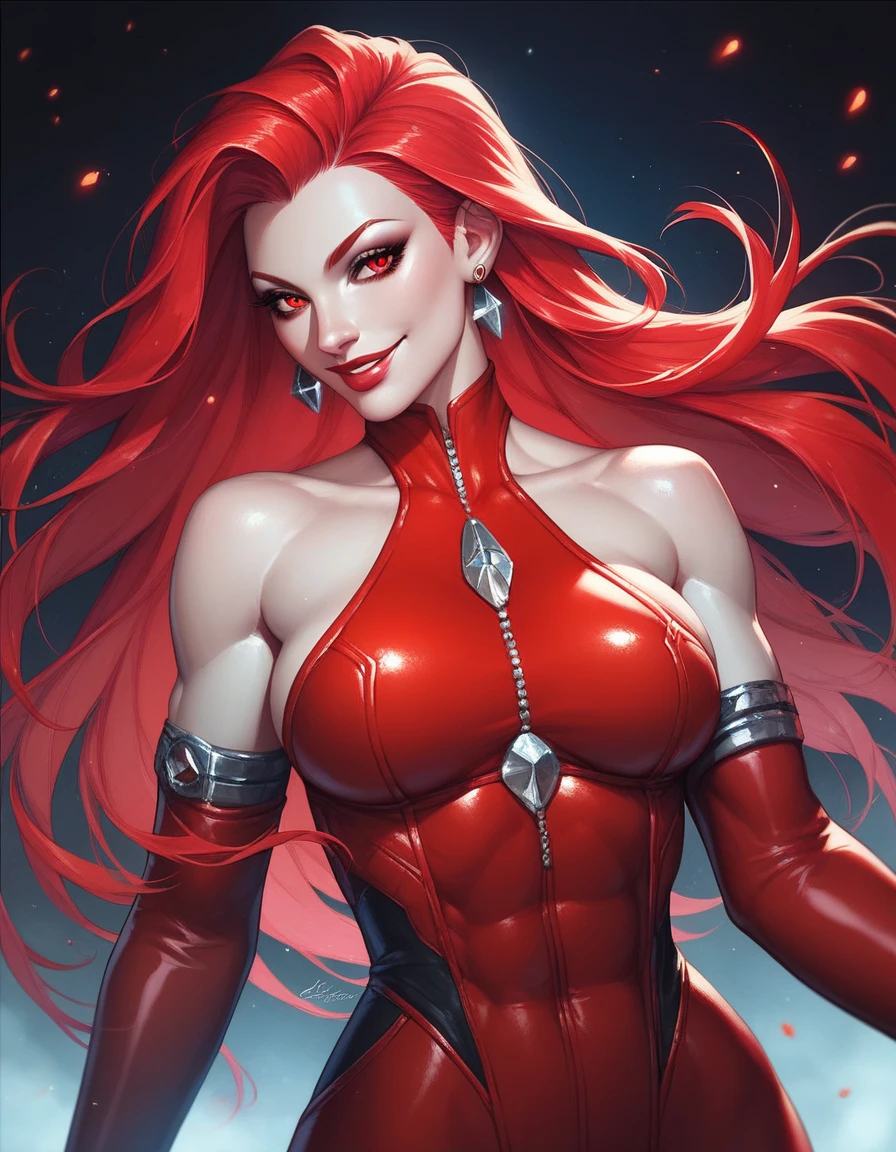 1girl, Jessica, Massive , elbow gloves, green eyes), Massive and Deep cleavage, red lips, (strapless dress) (red hair) (red dress), ((She has a mature figure, her cleavage is Massive and Deep))