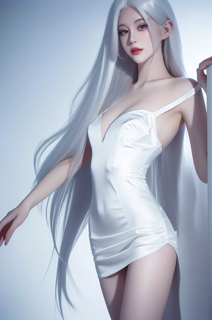 Full body, white hair, ((dragoon: 1.2)), blunt head, masterpiece, best quality, official art, very detailed CG unity 4k wallpaper, 1 girl, super high resolution, (realism: 1.4), primetime lighting, sweater dress, (upper body), golden glasses (Sagisar: 1), (platinum short hair: 0.8), (puffy eyes)), looking at the audience, facing forward, smiling, laughing, medium breasts, top, gloves, short hair,