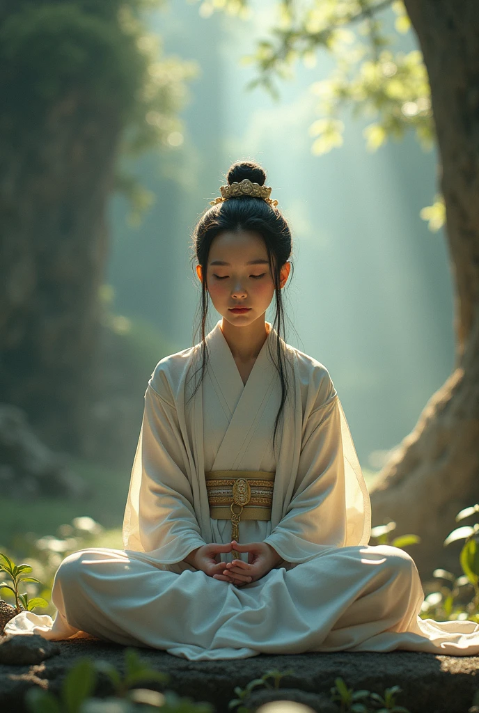 **Character characteristics：**
- The character is a woman，Has a gentle face，Smooth skin，The skin color reflects the warmth of the sun。
- She wears a bright gold robe，Reflects the color of the sun。

**Sun and background：**
- The Sun is a huge, bright sphere，Occupies the center of the frame。
- There is a warm halo around the sun，Form a brilliant flare。
- The background is the starry sky in the universe，The sun shines on the stars in the universe。

**Character postures and expressions：**
- Figures sitting on the surface of the sun，legs crossed，Straighten your body，The expression is full of peace and joy。
- She smiled，Bright eyes，It is as if interacting and merging with the sun。

**Atmosphere and emotion：**
- The picture conveys tranquility、Happiness and the emotion of being one with nature。
- This scene emphasizes the sacredness of the sun and the radiance of life。
- The picture conveys an optimistic and positive message，People are encouraged to look for light and hope。
