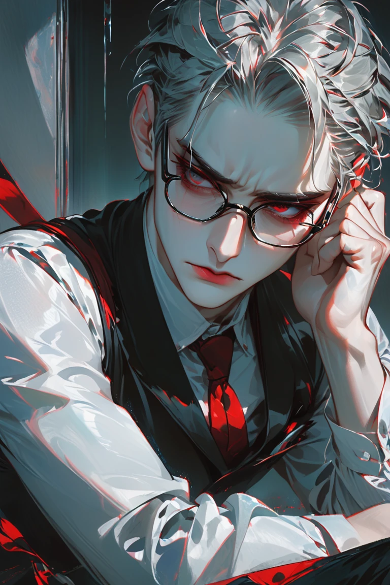 masterpiece, high_quality, distinct_image, 1boy, white skin, red lips, grey eyes, rectangular eyewear, white shirt, grey hair, short hair, sitting, expressionless, best quality, professor, sharp eyes, university, tears, sad face, university,