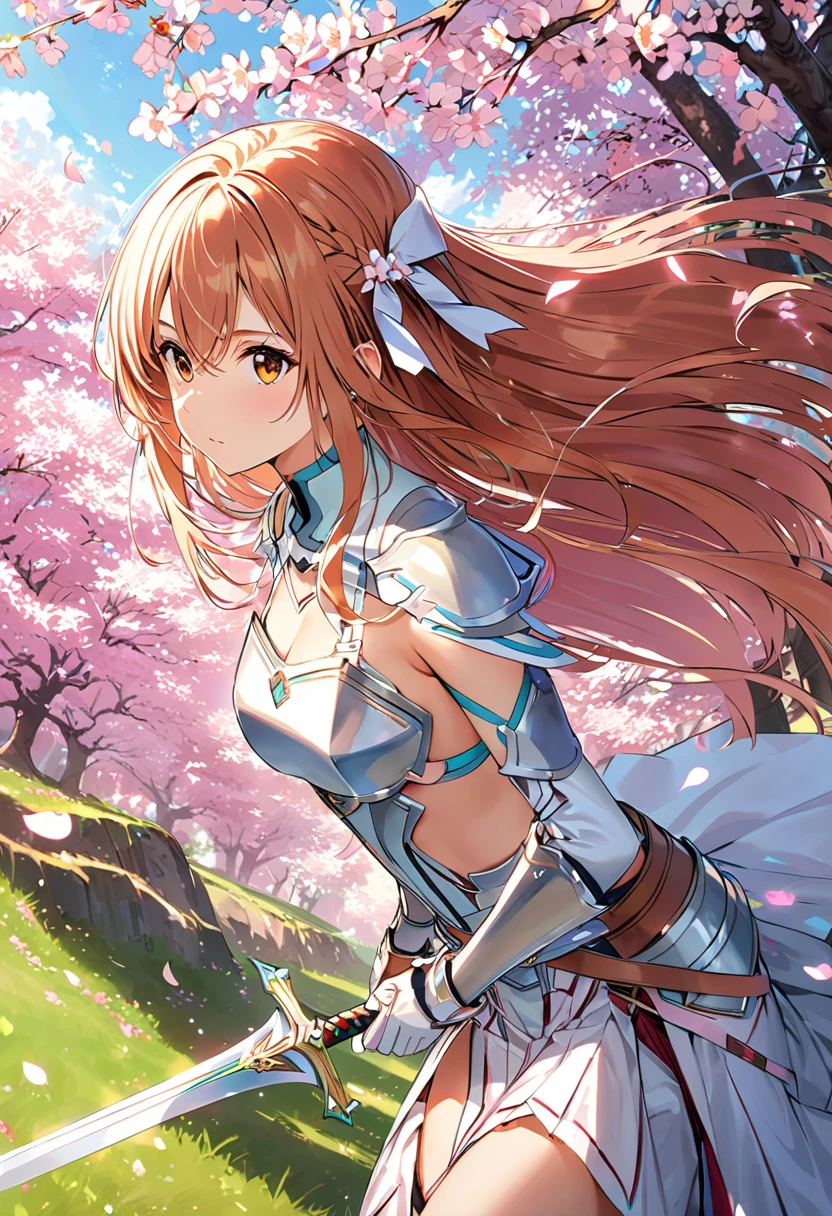 Alone,  1 girl,  Asuna Yuki,  review, Long Hair, Hazel Eyes ,  Had, bangs, keep, arms, Focus on women, sword, Cape, armor, Lambent Light, Handguard, sheath,  armor, full armor, Integrated Knight， Cherry blossoms are blooming all over the ground，Background of falling cherry blossom petals 　(((masterpiece)))， (( best quality))， (( Intricate Details ))　(8k)