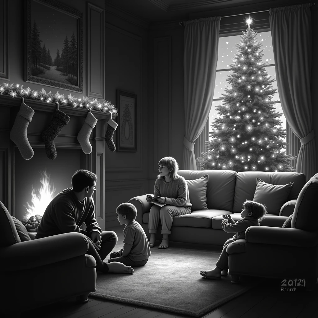 <lora:franklinbooth_xl-000006:1>a ink drawing in the style of franklinbooth, fireplace, sofa, dog, people sitting, tea time, high ceiling