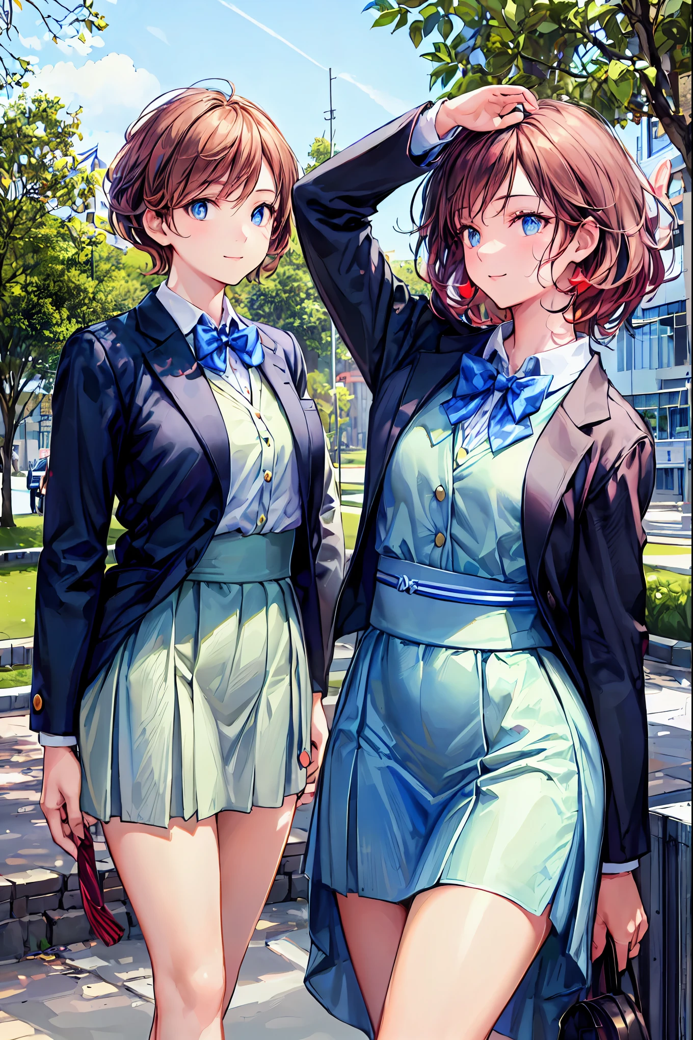 review, shortcut ,messy hair , Slender Beauty ,hole々Positive Attitude, small breasts, beautiful legs,Her mesmerizing grey-blue eyes shine like stars..,(masterpiece:2.0), ( best quality:2.0), (Side View:1.5), ( Sexy Poses :1.5), (Red face:1.3), (Realistic:1.5), 1 , Precision small handle, embarrassing looks , smile, Very nice girl, innocent face, Young Face, Clear Eyes , Sparkling Eyes, Small box, beautiful skin , super resolution, highest resolution, Japanese High School Student , blazer uniform, review, In the park