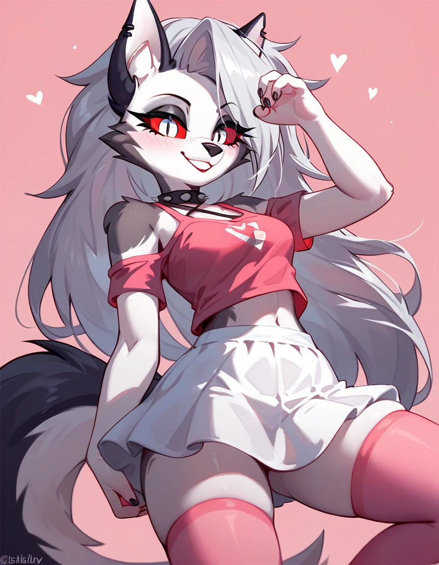 score_9,score_8_up,score_7_up, source_cartoon, source_furry, loona from helluva boss, hellhound, long white hair, pony tail, pink scrunchy, white eyes, red sclera, wearing pink tank top, white skirt, pink thigh high socks, smiling, cute pose