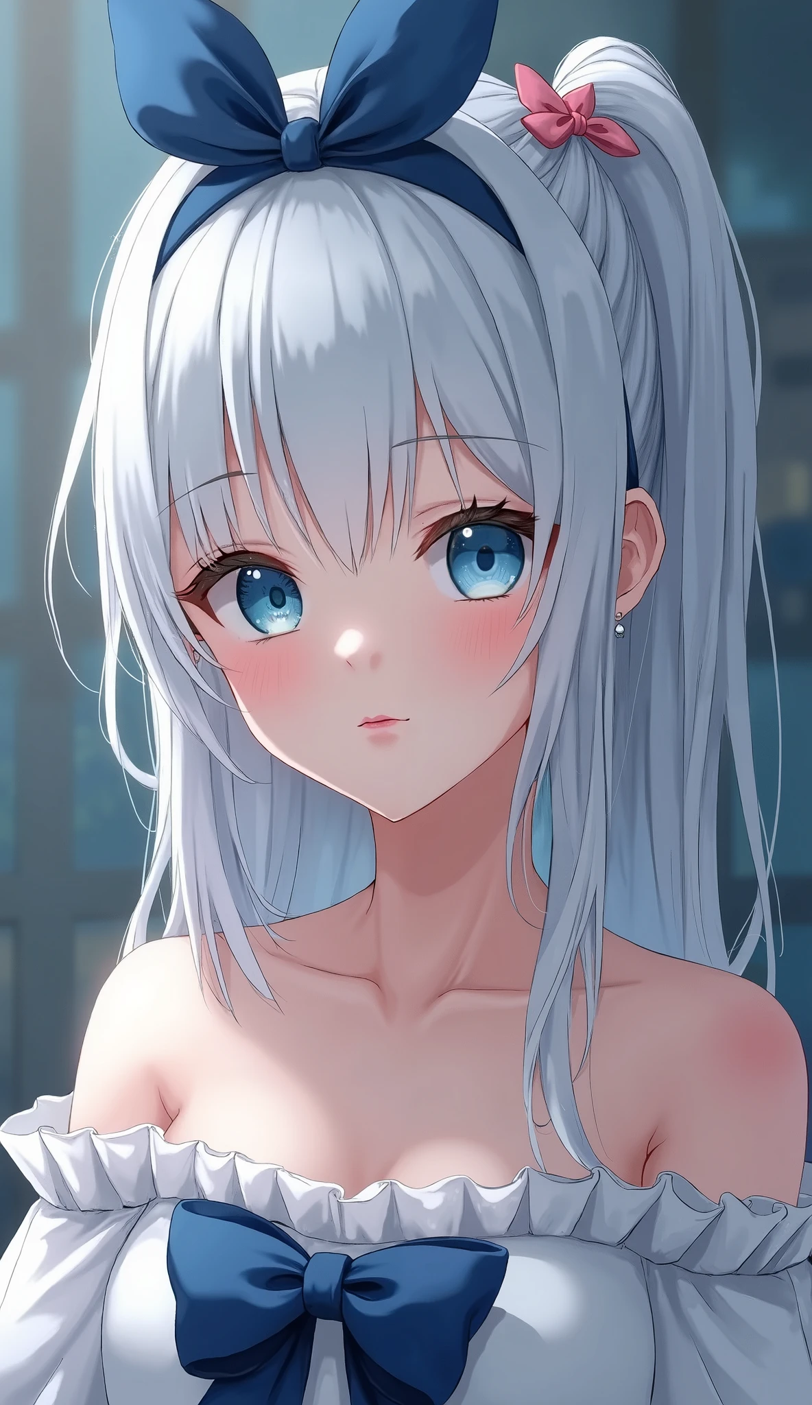 girl, white cat ears, long white hair, huge breasts, visible breasts, visible nipples, different colored eyes, left blue, right red, maid, topless