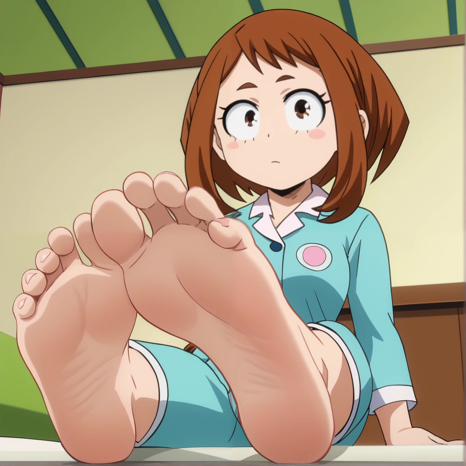 Score_9, score_8_up, source_anime, 1girl, Ochaco Uraraka, big eyes, alone, looking at viewer, in her room, sitting, cowboy shot, ANIME SCREENCAP, anime coloring, barefoot, perfect feet, anatomically correct, soles, low angle, focal length 35mm, each foot has five toes, front, symmetrical soles, foot focus, short brown hair, wearing pajamas