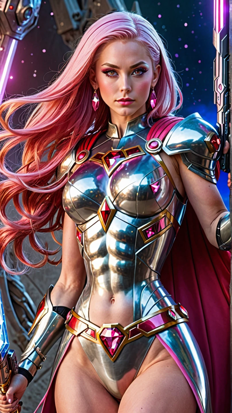 BEAUTIFUL PINK HAIR BOMBSHELL FEMALE GODDESS, TOO HUGE LONG HAIR, TOO VOLUMOUS HAIR, WIND EFFECT, LIGHT GRAY EYES, FACE MAKEUP, PALE SKYN, ROSY CHEEKS, MENTAL FORAMEN, TRIANGULAR FACE, ANGRY FACE EXPRESSION, STRAPLESS CLEAVAGE, BLUE PINK LEATHER BODYSUIT, GOLDEN DETAILS, GOLD HEADBAND, GOLD GAUNTLETS, LONG GOLDEN GAUNTLETS, GOLD CHOKE COLLAR, GOLD SANDALS, STRONG ATHLETIC BODY, MUSCLES, ARMS, DETAILED DELTOIDS, THICK GORGEOUS THIGHS, DETAILED QUADRICEPS, ABDOMEN, DEEP DESERT, ROCKY MOUNTAINS, SUN, BACKLIGHTS, MASTERPIECE, ACCURATE IMAGE