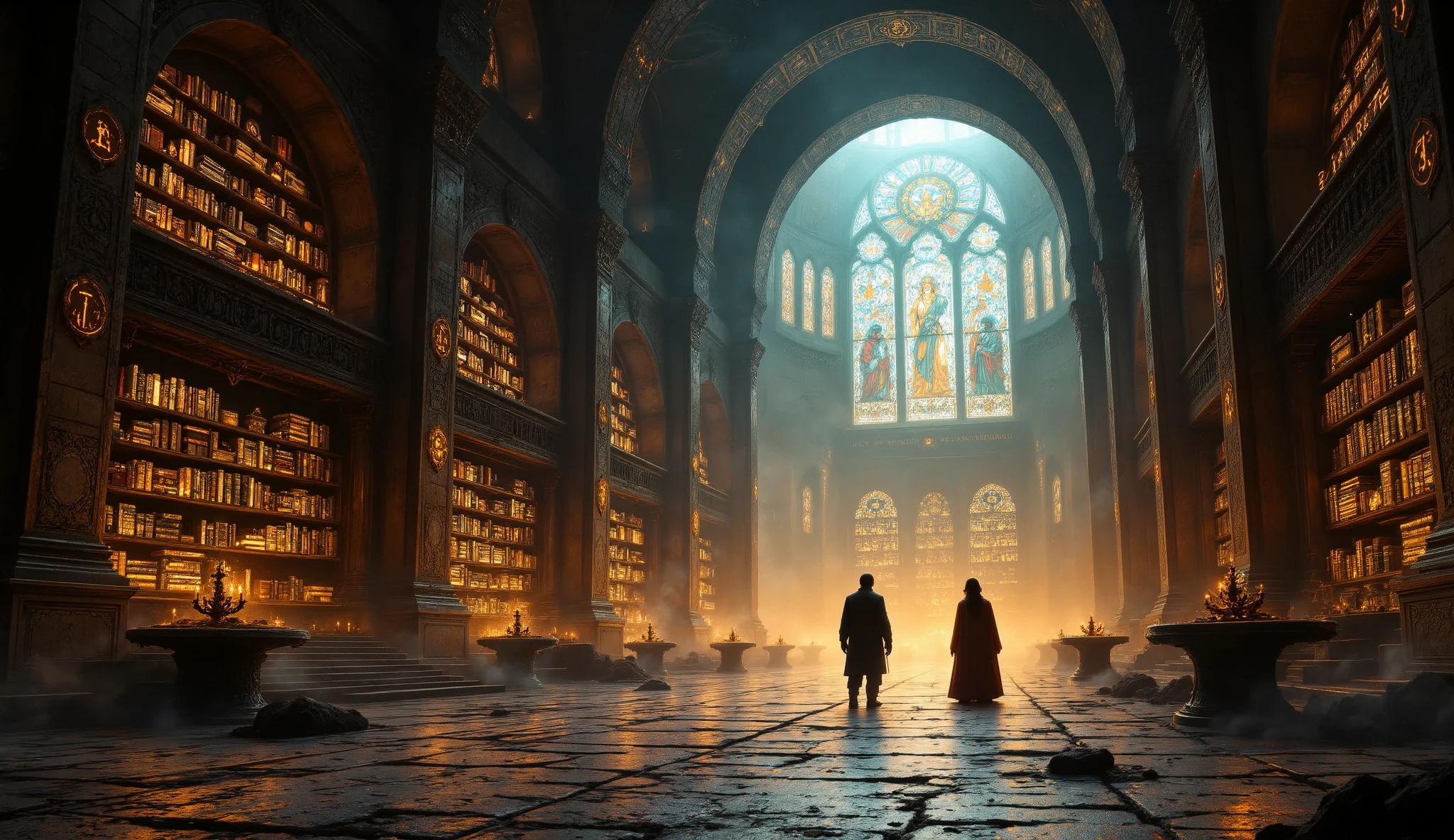 Context and Image Prompt:
The researchers step into a grand library hall filled with towering bookshelves that stretch into darkness. Ancient scrolls and books emit a soft, mystical glow, hinting at their forbidden contents. The warm light from stained-glass windows filters through, casting colorful patterns on the floor.
Image Prompt: Panoramic view of a vast, shadowy library filled with towering bookshelves, glowing ancient manuscripts, rich wood and stone textures, warm ambient light filtering through high stained-glass windows, mystical 1960s film style