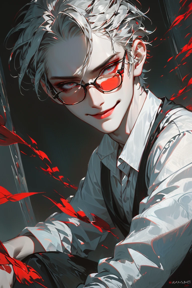 masterpiece, high_quality, distinct_image, 1boy, white skin, red lips, grey eyes, rectangular eyewear, white shirt, grey hair, short hair, sitting, expressionless, best quality, professor, sharp eyes, university, smile,