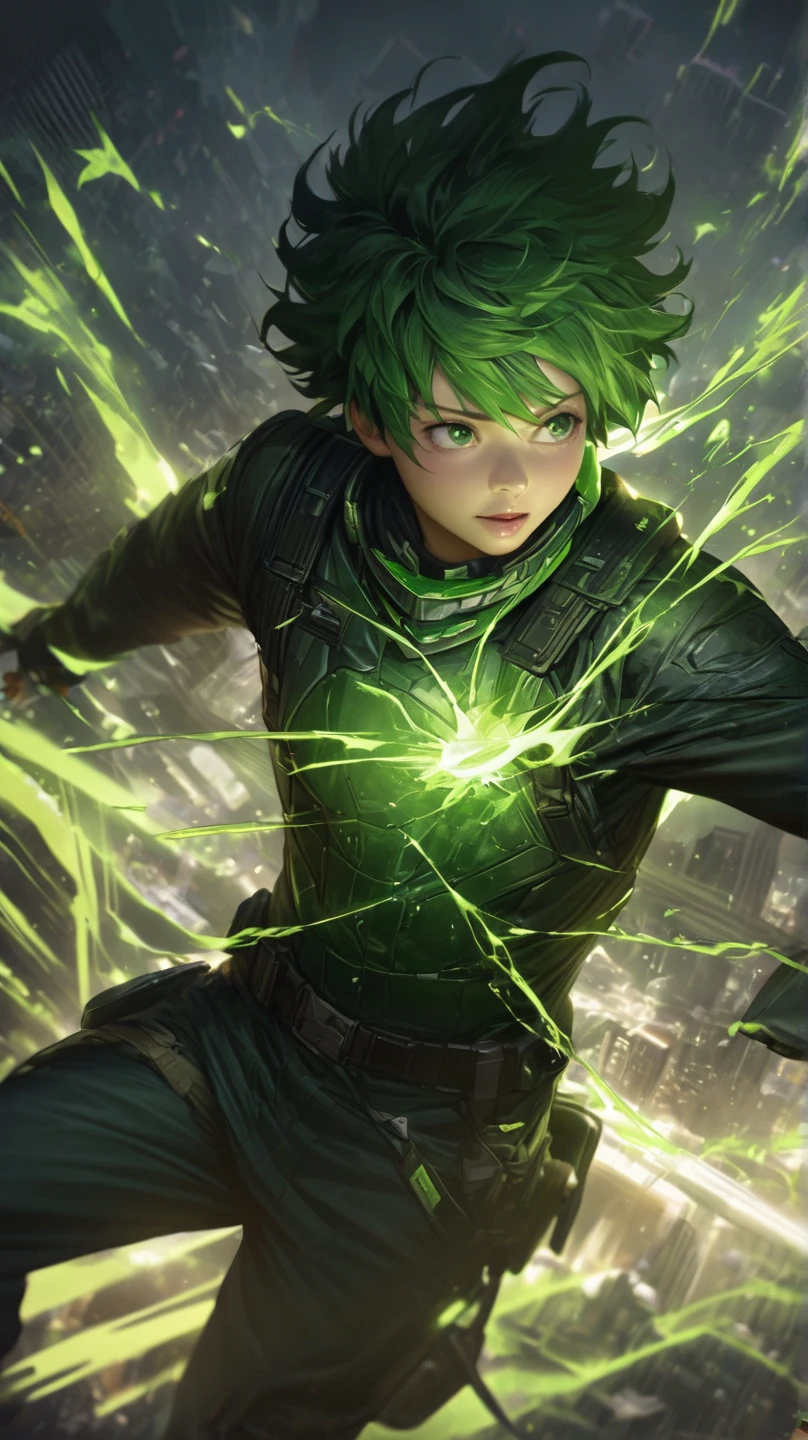 Izuku Midoriya、Izuku Midoriya、The green energy is around the body、The background is the city、16k、 super high definition 、 super resolution、Super detailed、Realistic、 real、Cinematic Light