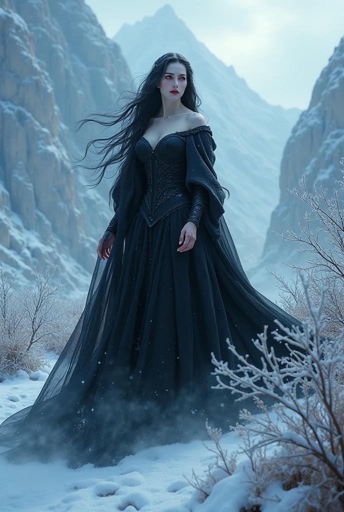 gothic teenager with big breasts with little clothing, in the snow, strong wind, loose hair, full body, beautiful, striking, attractive, well detailed, painted nails, spectacular image