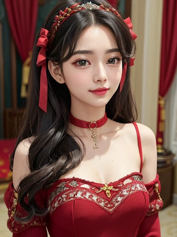 wavy hair wavy hair（（（ has exquisite eyes ））），Hair accessories，Choker necklace ，Woman in a sexy red lace sweater ， The room is filled with Lunar New Year decorations（（ grins ））（（（masterpiece）））， （（ is of the best quality））， （（Intricate details））， （（ super realistic ））（8K）