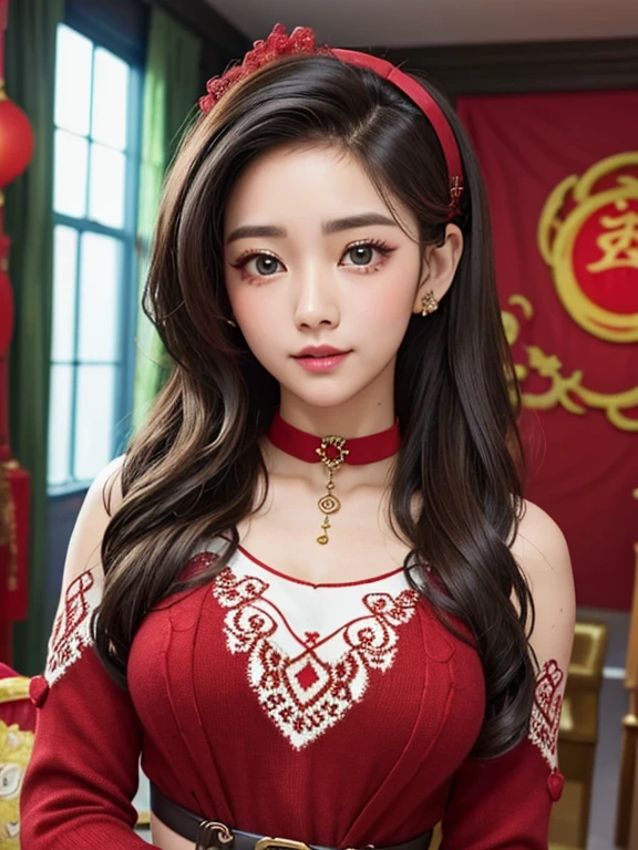 wavy hair wavy hair（（（ has exquisite eyes ））），Hair accessories，Choker necklace ，Woman in a sexy red lace sweater ， The room is filled with Lunar New Year decorations（（ grins ））（（（masterpiece）））， （（ is of the best quality））， （（Intricate details））， （（ super realistic ））（8K）