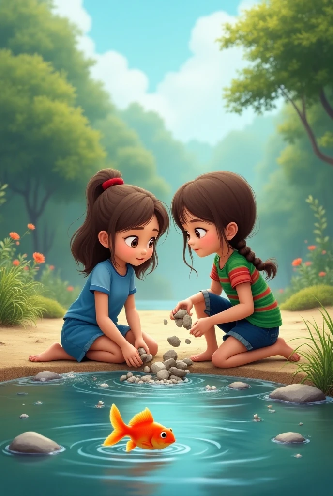 Two long-haired child girls wearing bikini with details lying in the garden of their house watching the sunset