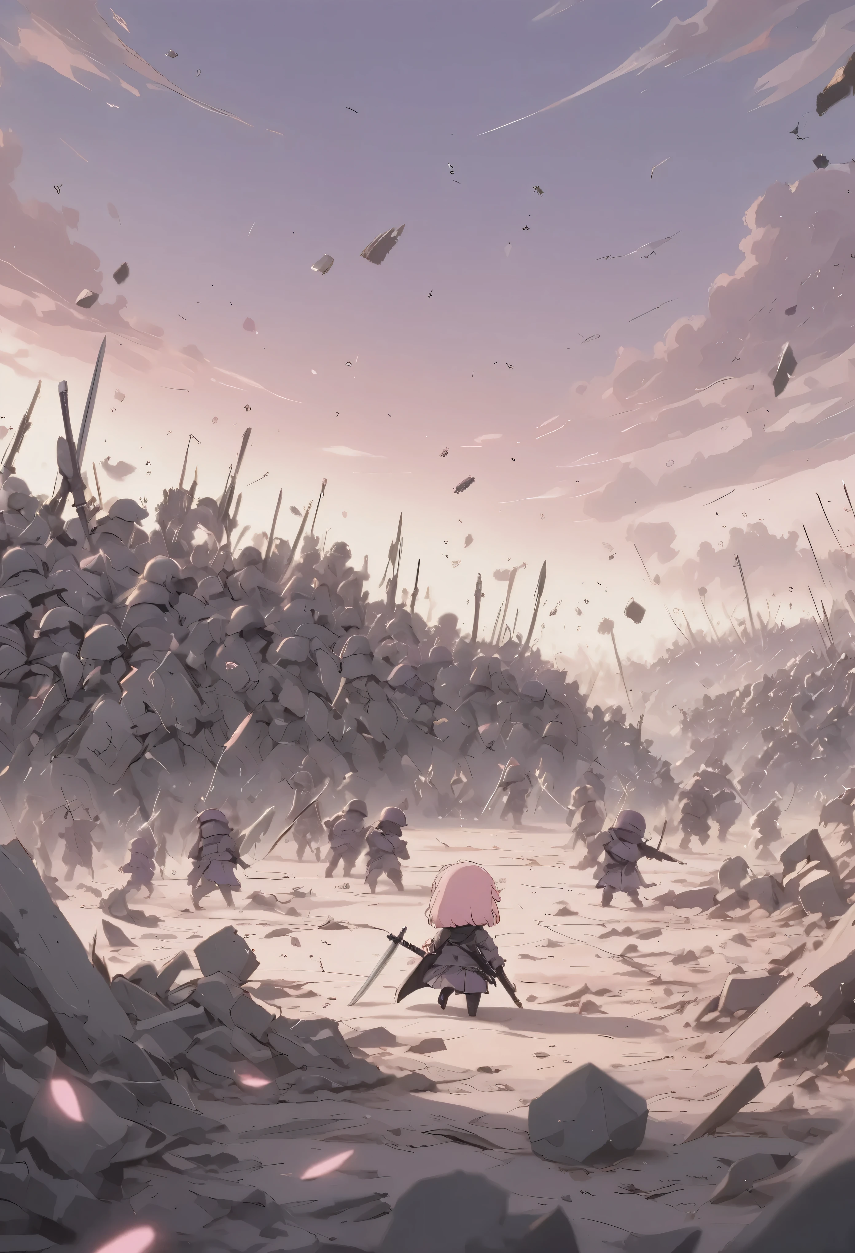 masterpiece, best quality, ultra-detailed, Low Fidelity (lofi) art style, pastel pink and purple tones,minimal object,chibi, A chaotic battlefield, where soldiers clash with swords raised high, is depicted in soft, muted pastel colors. Despite the intensity of the scene, the figures are small and distant, their movements slowed down and almost dreamlike. The sky above is a soft gradient of pink and purple, casting a calming light over the otherwise violent setting. The ground is scattered with debris, but everything is softened and blurred at the edges, reducing the complexity of the scene. In the distance, a small figure can be seen with their back to the viewer, calmly walking away from the battle. The contrast between the violent action and the calm, slow-moving aesthetic creates a surreal and strangely peaceful atmosphere.