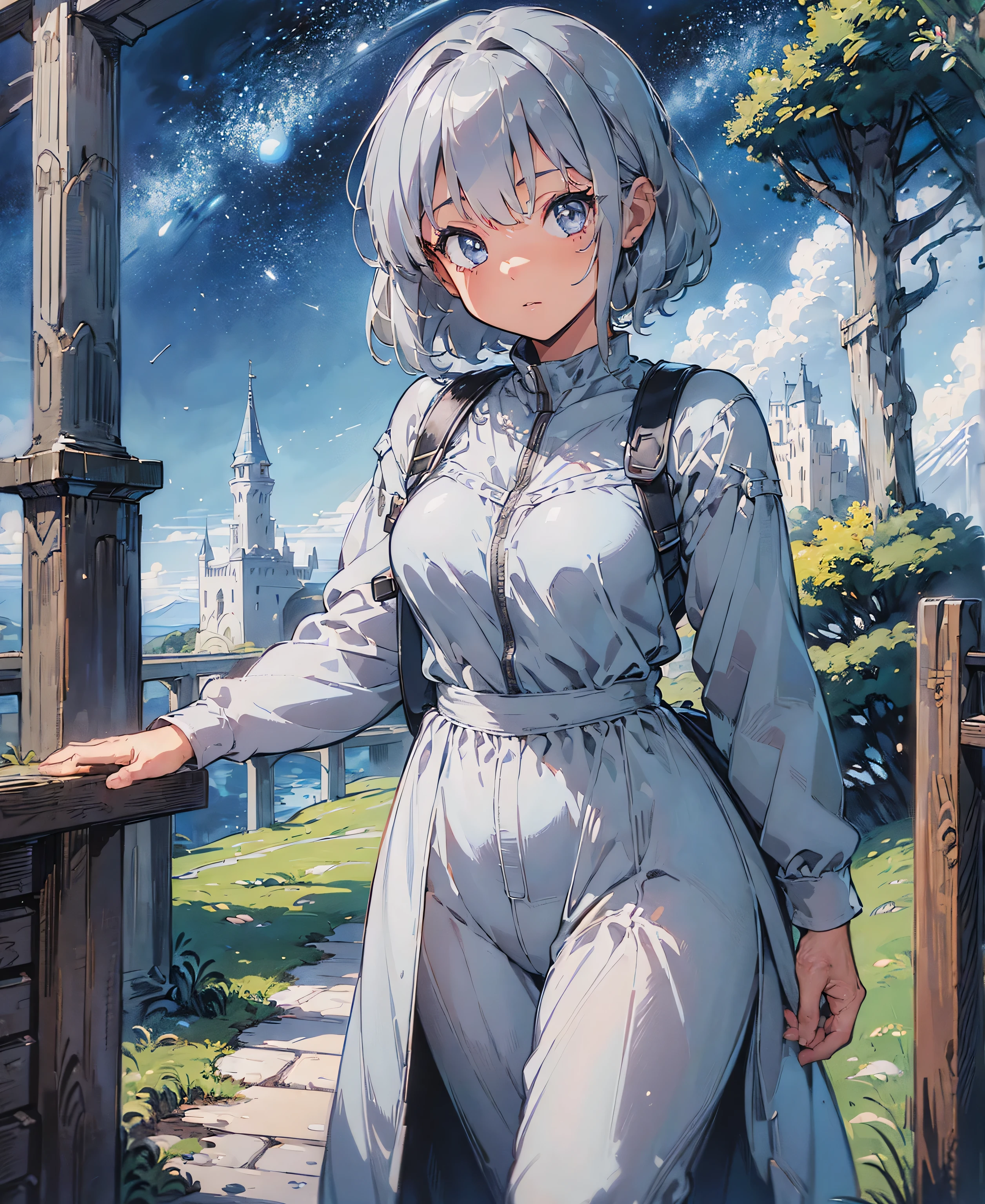 (((masterpiece))), (((Best Quality))), ((Super detailed)), (  cinematic lighting), (Illustration), (  Beautiful, Detailed Eyes ), (1人の girl), full body, space, knight, Armor, Light Hair, walk, Castle in the distance, Best Quality,  expressive eyes ,  perfect face,  girl: (20th Generation, Gray Hair,  short hair, grey jumpsuit, blue and silver Armor),