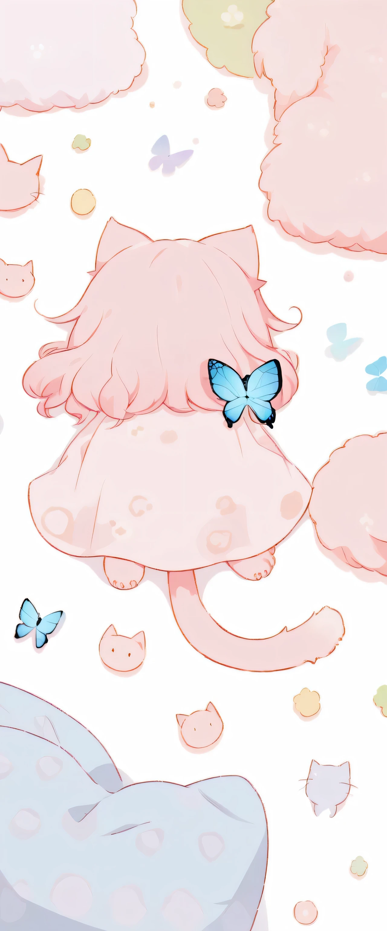 illustration, best quality, chibi, back view, 1girl, pink hair, cat ears, cat tail, lying down, looking at blue butterfly, white background, cute and playful atmosphere, paw-like feet, simple composition, soft colors, gentle and relaxing scene, subtle shading