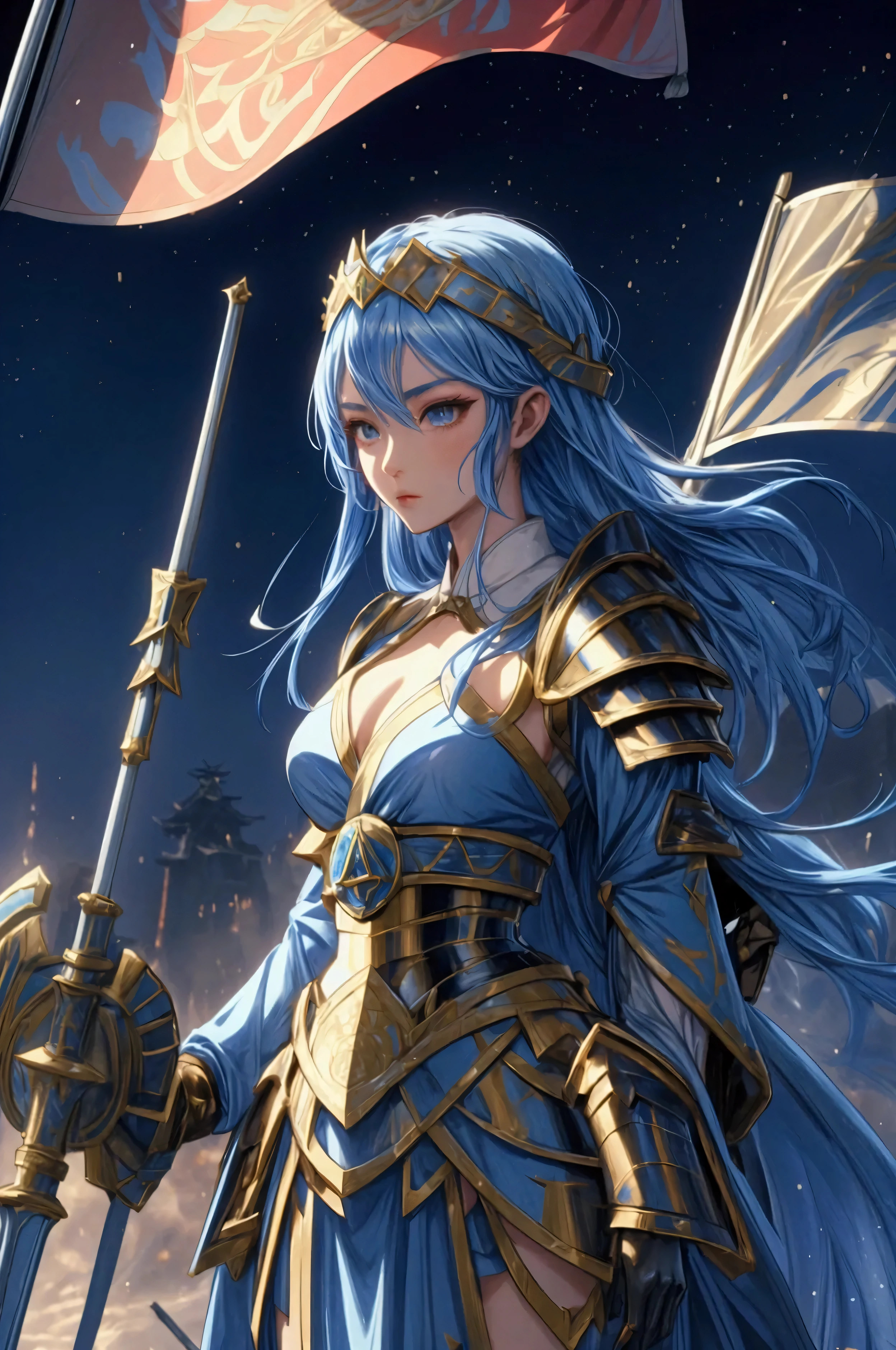 far away view of a gorgeous anime woman, in conqueror japanesse armour, conquering a city, blue armour, league of legends character, simple armour, medieval japan time, modest dress plus armour, gorgeous face, shiny skin, (character is standing in a destroyed city, conquering pose) holding a victorius flag