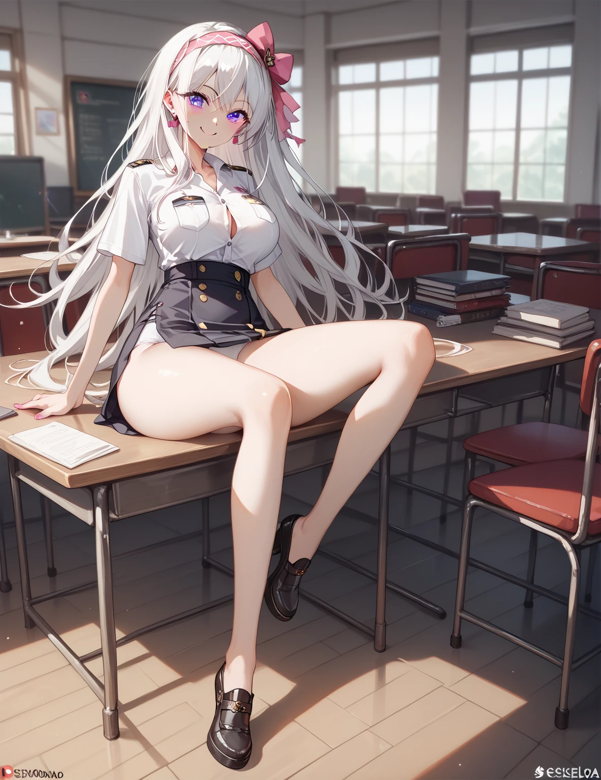 looking at the spectator,  masterpiece,  correct anatomy , necessary,  Best quality , (nsfw), A beautiful young woman (full body , big breasts,  slim waist,  big ass, long white hair, loose hair, wearing a headband , violet eyes, daring smile ),  Wearing an uniform of student white t-shirt with a pink bow and black buttons with the school logo on the left shoulder short brown table skirt with yellow squares ((pull up her skirt mischievously showing white underwear)), En una biblioteca escolar disfrutando de libros,