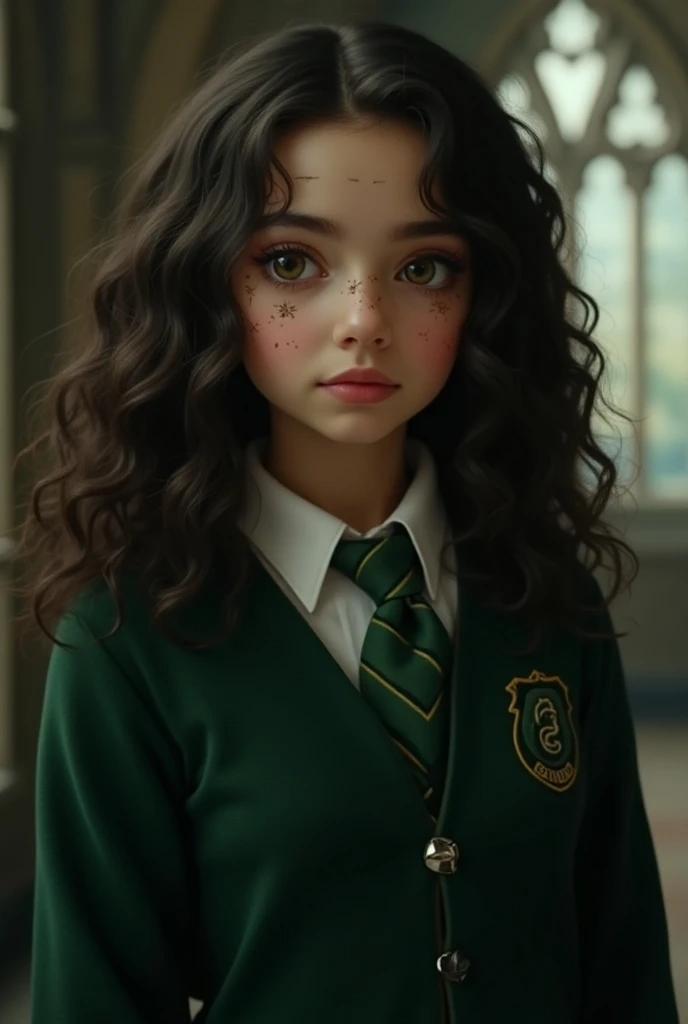 young 9-year-old daughter of severus snape,((highest quality)),(ultra high resolution),(Super detailed),(detailed description),((best CG)),(best work of art) ,black hair, green eyes, Eldritch horror as a girl but still creepy