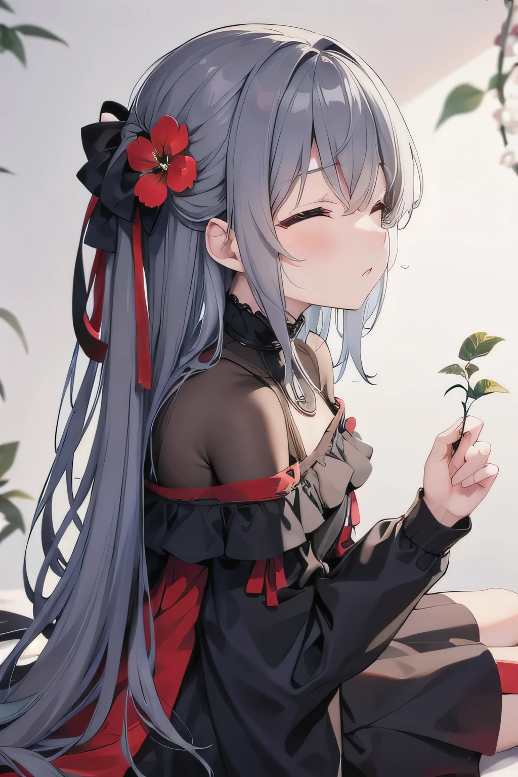 Highest quality,masterpiece,Gray and red harmony art,black,Perfect Anatomy,Girl Closing Her Eyes,cute,,profile,black off shoulder dress,Sitting Girl,Wabi-sabi art,gray,black,white,Perfect artistic harmony,Blue Flower,gray's leaves,Modest Flower,Simple configuration,The background is a white wall,blue flower,gray's leaves,space,painful,