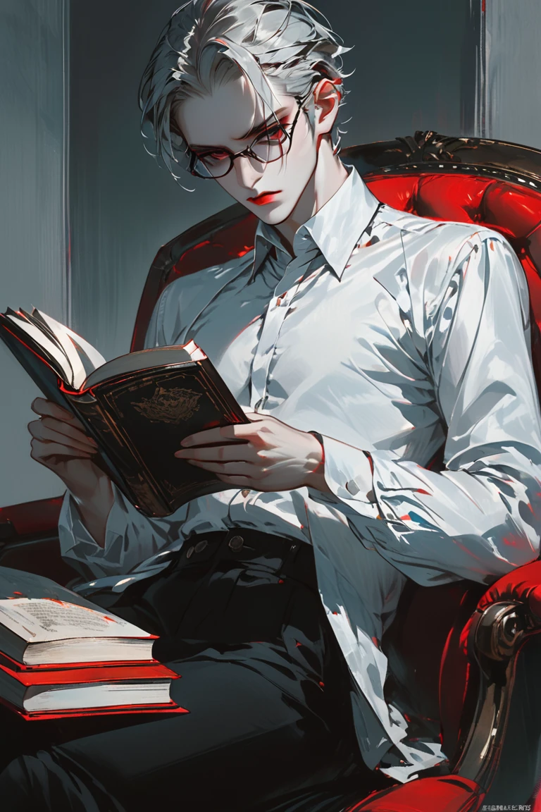 masterpiece, high_quality, distinct_image, 1boy, white skin, red lips, grey eyes, rectangular eyewear, white shirt, grey hair, short hair, sitting, expressionless, best quality, professor, sharp eyes, university, sitting on chair, open book,