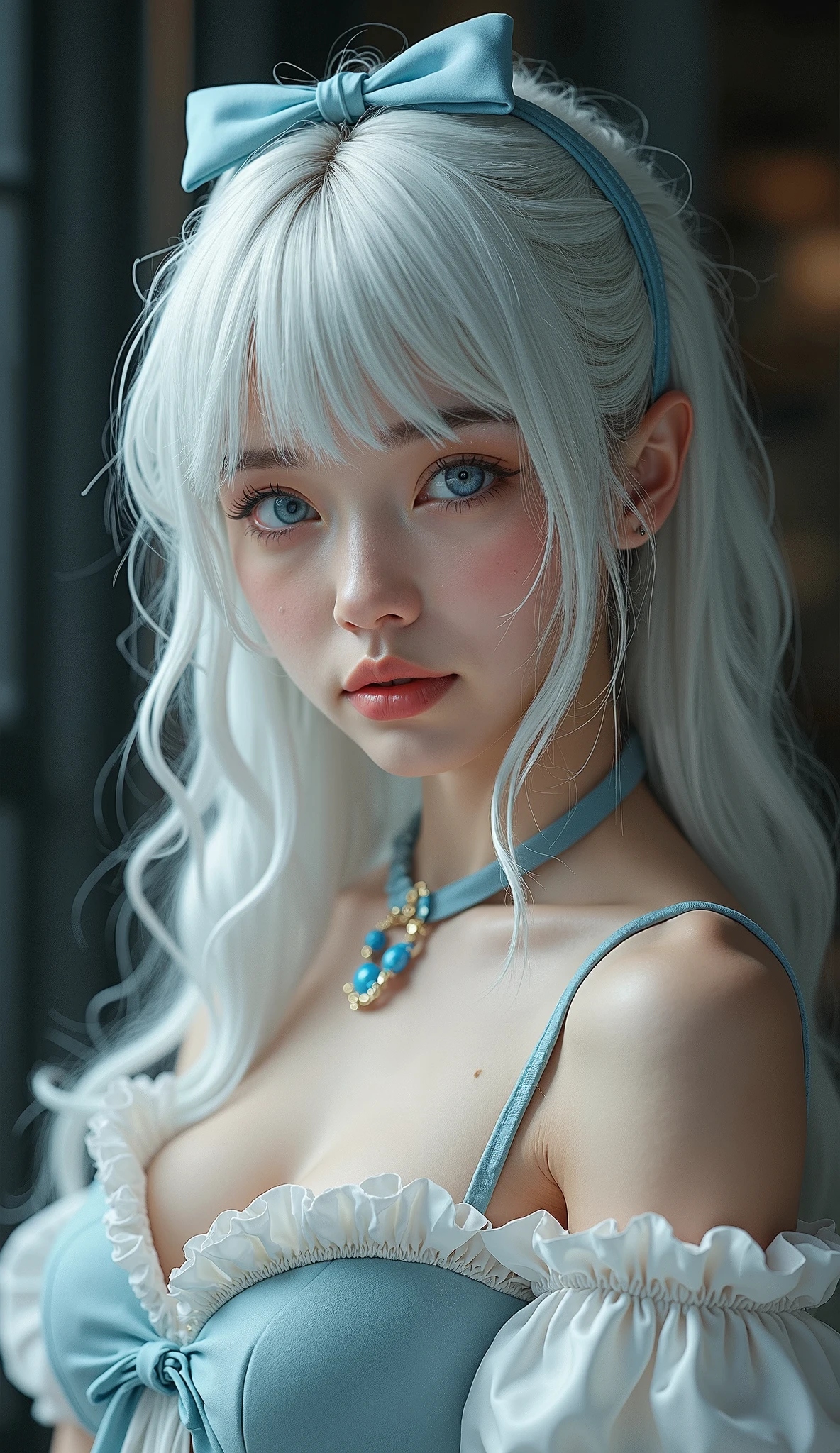 ((pale skin)), blue eyes, white girl, deep blue hair, 
freckles, ultra realistic, 16 years old, (((huge breast))),