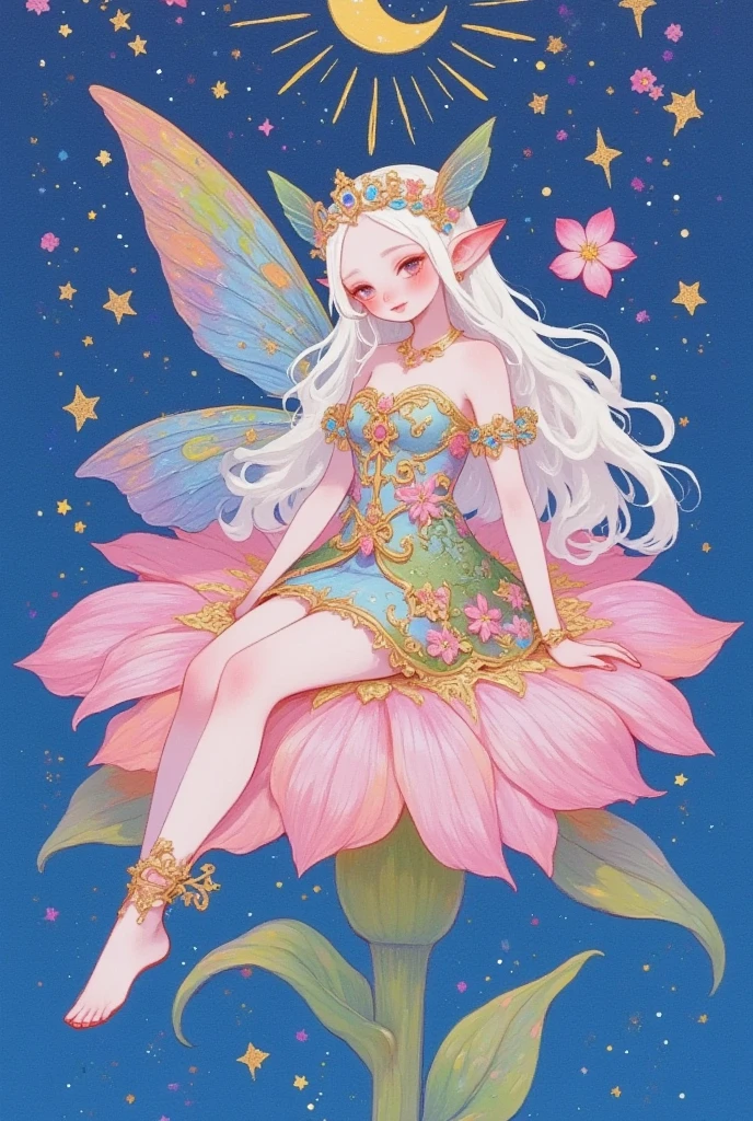 a cartoon fairy sitting on a flower with a moon in the background, space flower fairy, beautiful fairy, fairy aesthetics, beautiful fairies, study of a flower fairy, astral fairy, beautiful fairie, faerie, portrait of a fairy, dreamy illustration, smiling as a queen of fairies, beautiful adult fairy, fairy-tale illustration style, dreamy and detailed