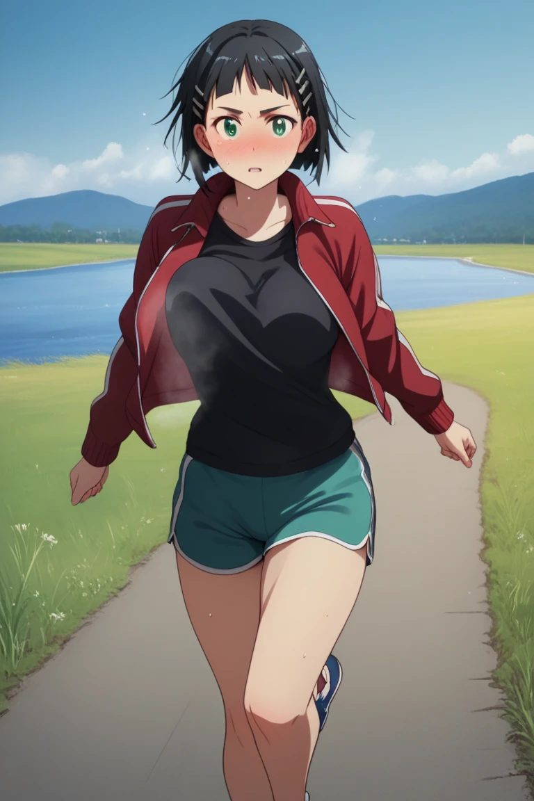 suguha kirigaya, short hair, black hair, hair ornament, hairclip, green eyes, large breasts, jacket, shorts, short shorts, blue shorts, track jacket, dolphin shorts, gym shorts, red jacket, shirt, black shirt, hang towel around shoulders, nose-blush, steam, flowing sweating, (running:1.2), bouncing breasts, from front, looking at viewer, clear sky, river side, grass, road, full-body shot, masterpiece, best quality, ultra-detailed, high resoolution, 8K, detailed background, motion line,