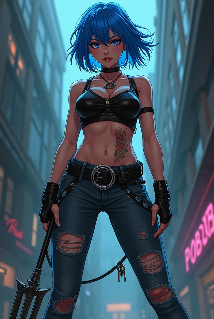 A beautiful girl bold, seductive, pointy breasts, black lipstick, sweaty body, open jacket, short and torn jean shorts, boot, big blue hair, thick legs, attractive. Striking colors (Abandoned place, sets from The Last ). (masterpiece, seducing, depth of field, Full HD, 4K, 100mm lens, richness of detail). Realistic style,(naked;1.3) (tomboy) (female genital)