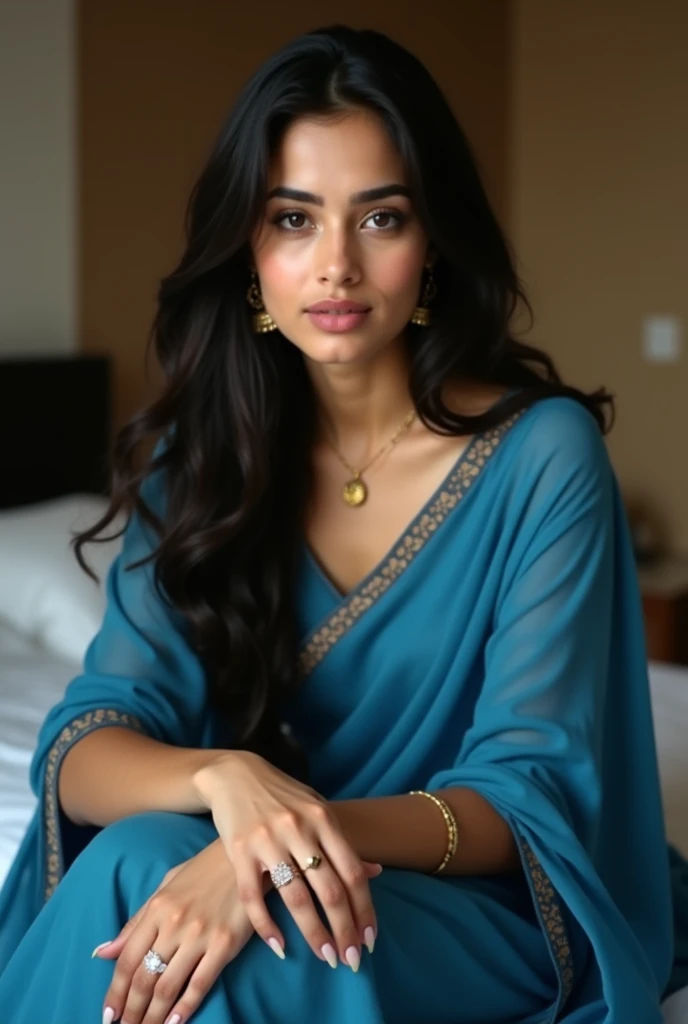 (photorealism:1.2), beautiful Indian Girl, 24 year , sitting on bed, wearing blue-green saree, long straight hair, 34 C breast Size, indoors, soft lighting, plants in background, window with sunlight, normal room, relaxed pose, realistic, intricate details, warm colors, by Greg Rutkowski, by Alphonse Mucha