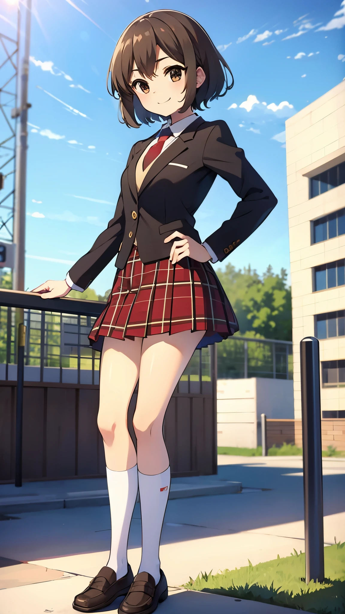 outdoor, in playground, hanging from bars anime style, ultra high res, break white socks1:4, break Best quality, adult body, UHD, break looking sky, black blazer, break looking back , red tie, red plaid pattern skirt, brown loafer, sharpen, 32k, masterpiece, intense gaze,