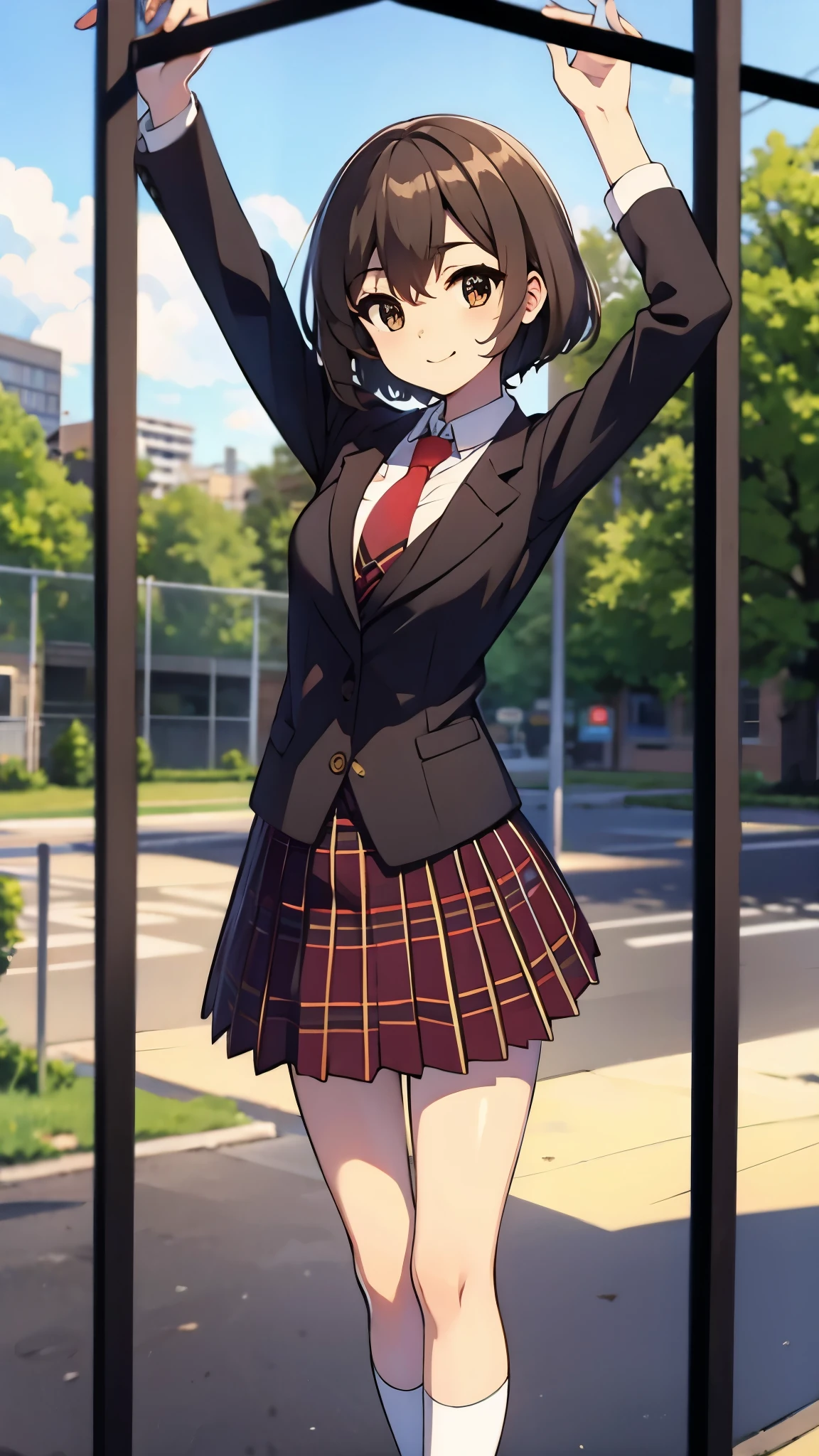 outdoor, in playground, hanging from bars, arms up, break anime style, ultra high res, break white socks1:4, break Best quality, adult body, UHD, break looking sky, black blazer, break looking back , red tie, red plaid pattern skirt, brown loafer, sharpen, 32k, masterpiece, intense gaze,