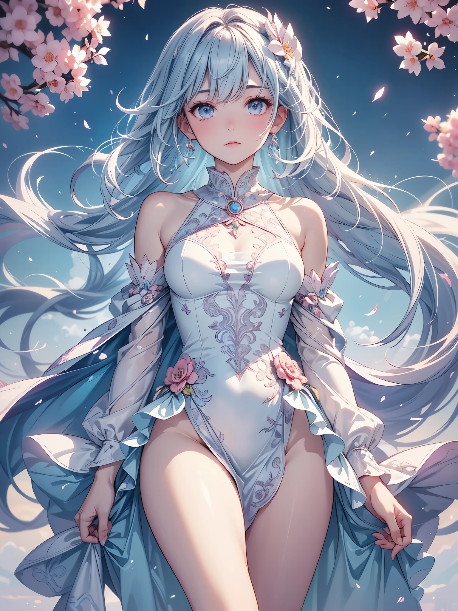 best quality:1.5), (ultra-detailed:1.5), (()), ((best quality)), (high resolution), (illustration), (an extremely delicate and beautiful), (ultra detailed beautiful face and eyes), 1girl, leaning forward sharp focus, ray tracing, 1girl, silky hair, multicolored hair, White hair(inner color Cherry blossom )background(sakura tree, day light), eye color(White pink, high definition,)inner eye (sakura),volumetric lightning, super_long_hair、have a weapon(katana)、naked 
looking_all(score_9:1.2), (score_8_up:1.2), (score_7_up:1.2),solo,Perfect anatomy,(one cute girl:1.3),(Line art:1.3),(Soft atmosphere:1.3),perfect anatomy,(A soft anime-style image capturing a delicate and ephemeral atmosphere),Enhance the anime screencap by adding a watercolor background, further elevating the dreamy and ethereal aesthetic. This scene, now rendered in 16k wallpaper resolution, merges the delicate beauty of the girl with pale skin and natural hair with a soft, lush watercolor landscape.The natural big breast  ,super intricately designed transparent evening dress and her captivating eyes are set against a backdrop that mimics the fluid, blending colors of a watercolor painting, adding a layer of artistic depth and emotion. The perspective from above at a dutch angle, combined with the watercolor effect, creates a composition that feels like a floating, dream-like world, glowing aura around her are now part of a canvas that blends reality with imagination, inviting the viewer to step into a tranquil world of soft hues and poetic beauty, all encapsulated within a serene, BREAK,(best quality:1.3),(best masterpiece:1.3),(very aesthetic:1.2),(absurdres:1.2),newest,(intricate details:1.2),ai-generated,absurdres extremely detailed CG,depth of field,dynamic angle,dynamic pose、groin、
muscular female, fit, abs, leg muscles, arm muscle、